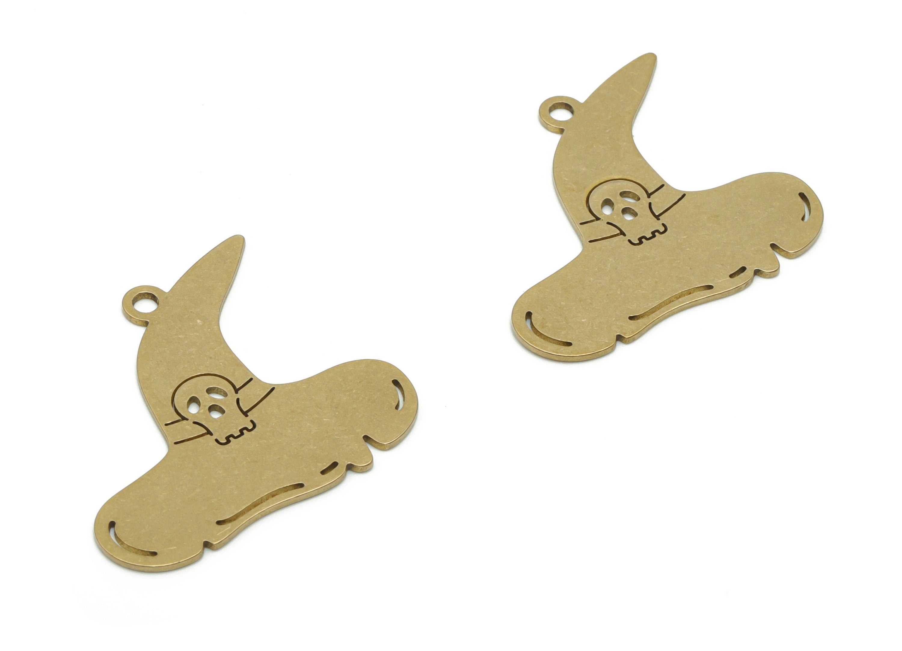 Brass Witch Hat Skull Earring Charms - Raw Brass Skull Witch Hat Pendant - DIY Jewelry Making Supplies - 29.86x26.07x0.72mm - PPZ0131 - DOMEDBAZAAR
