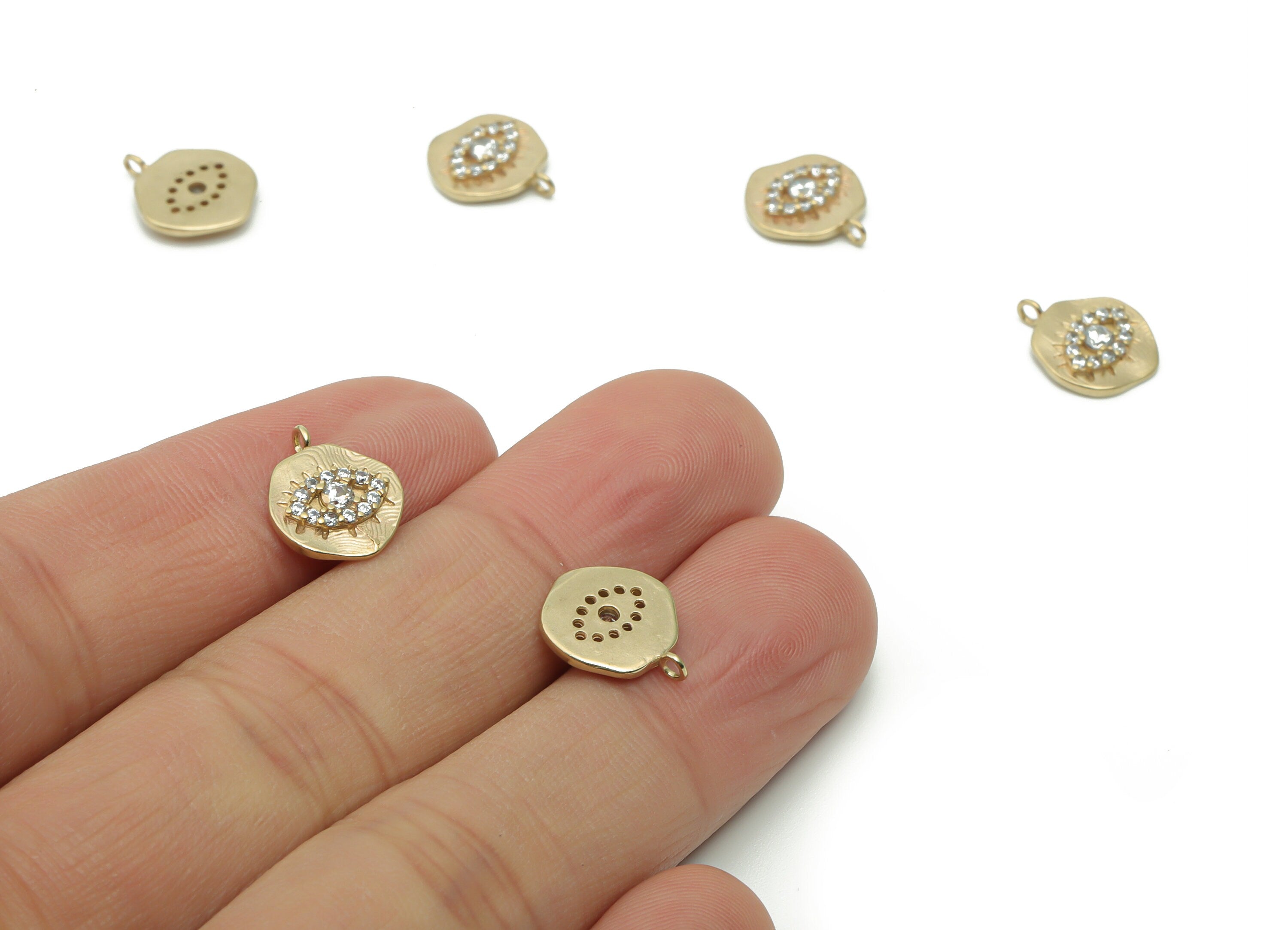 Brass Mini Round Eye Earring Charms With Zircons - Raw Brass Eye Circle Pendant - Jewelry Making Supplies - 12.73x10.32x2.06mm - PP5049 - DOMEDBAZAAR