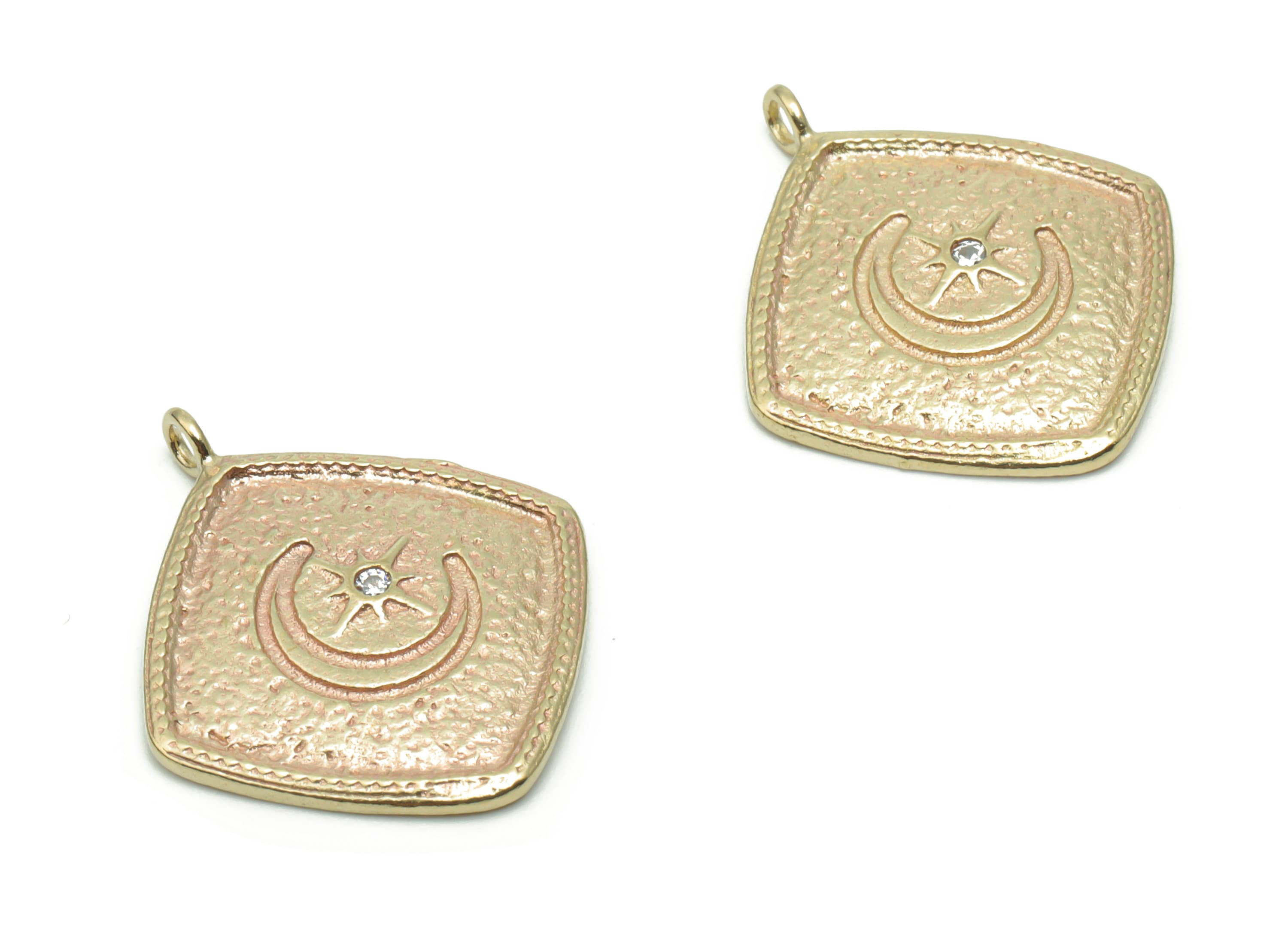 Brass Square Moon Star Earring Charms With Zircon - Raw Brass Crescent Square Pendant - Jewelry Making Supplies - 23.03x19.88x1.76mm -PP5025 - DOMEDBAZAAR