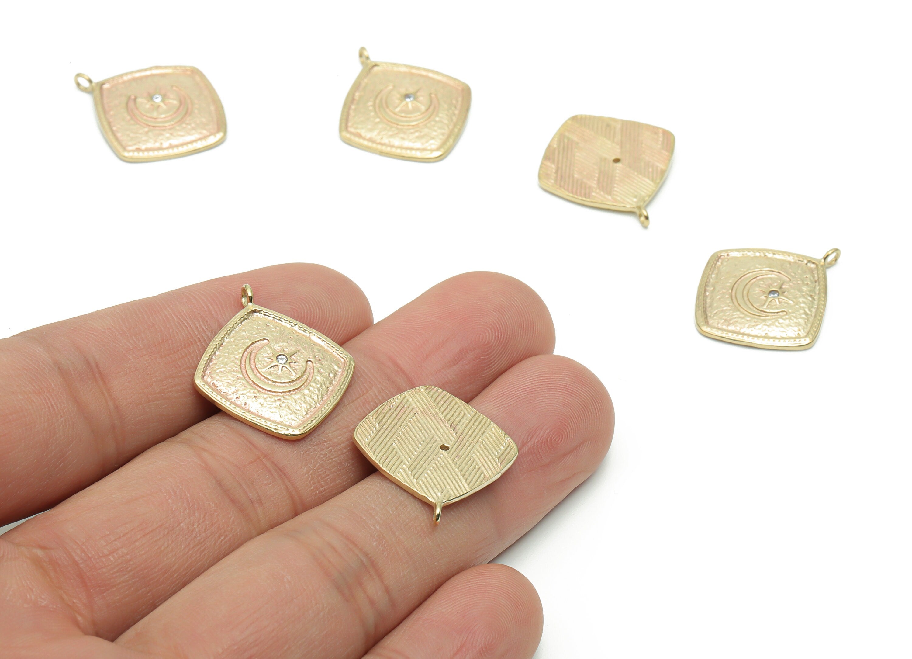 Brass Square Moon Star Earring Charms With Zircon - Raw Brass Crescent Square Pendant - Jewelry Making Supplies - 23.03x19.88x1.76mm -PP5025 - DOMEDBAZAAR