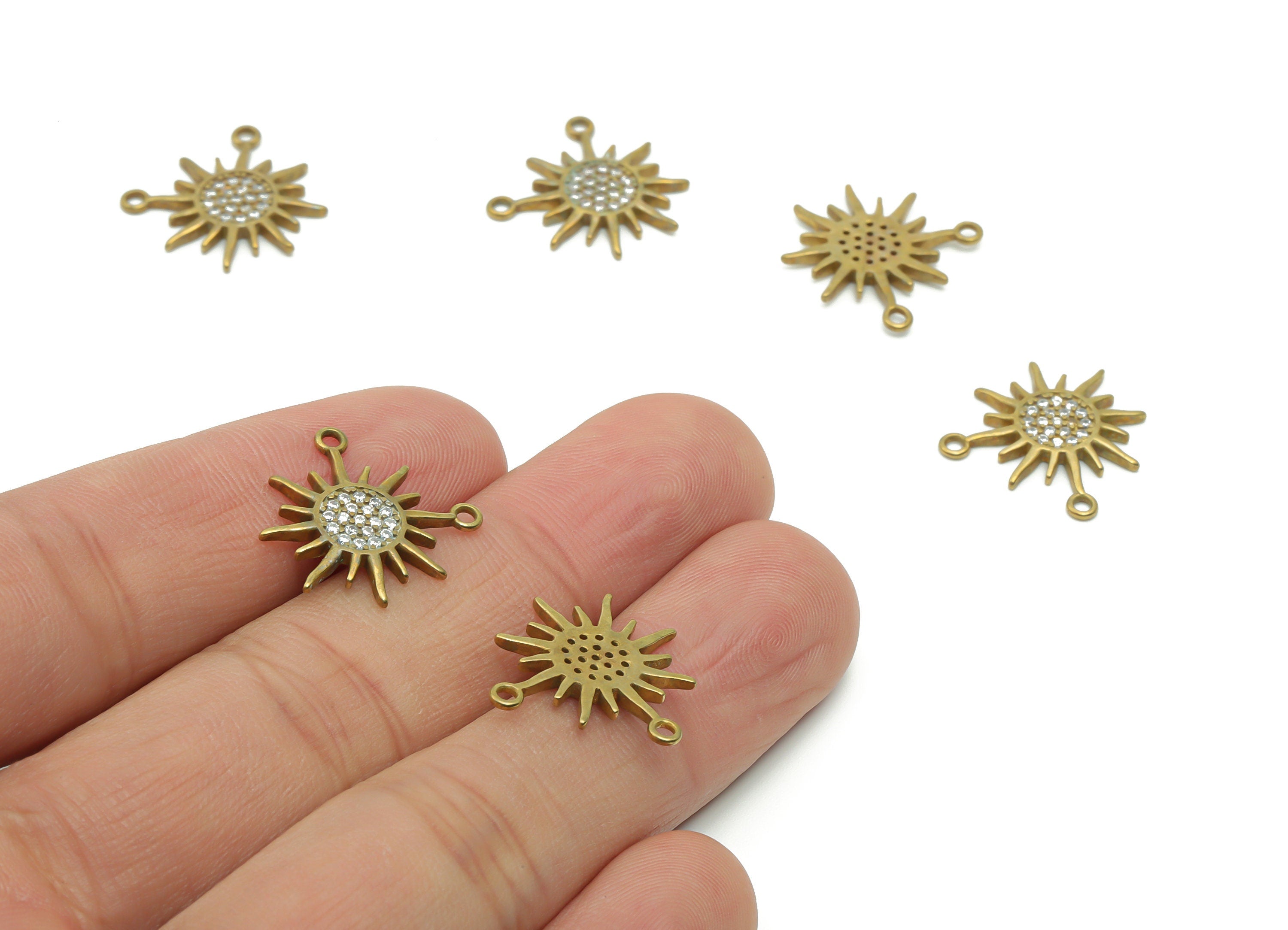 Brass Sun Earring Connector With Zircons - Raw Brass Sun Charms and Pendant - Jewelry Making Supplies - 18.82x17.41x1.68mm - PP4979 - DOMEDBAZAAR