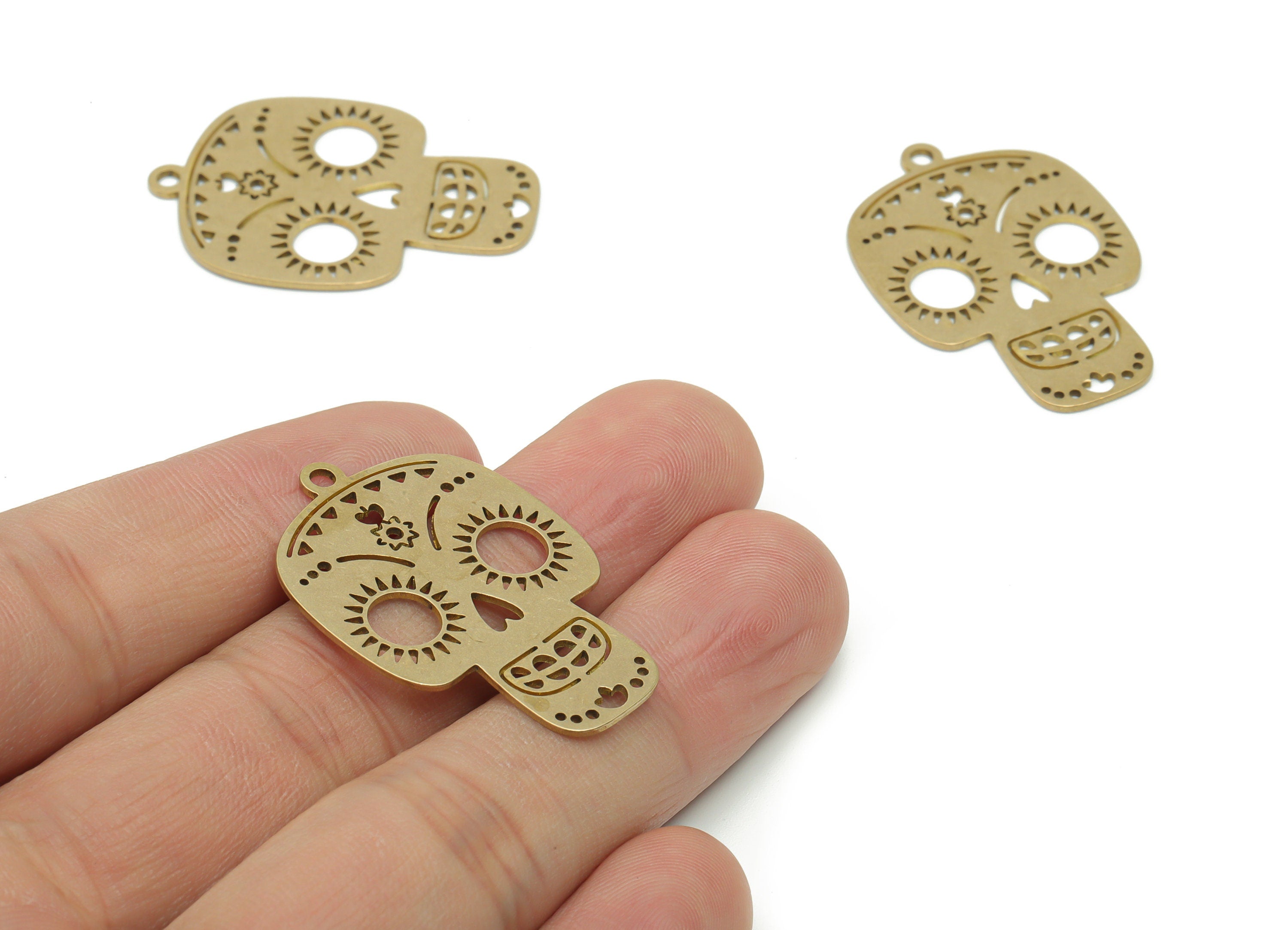Brass Skull Flowers Sun Earring Charms - Raw Brass Skull Triangles Pendant - Jewelry Making Supplies - 35.74x24.46x0.75mm - PPZ0129 - DOMEDBAZAAR