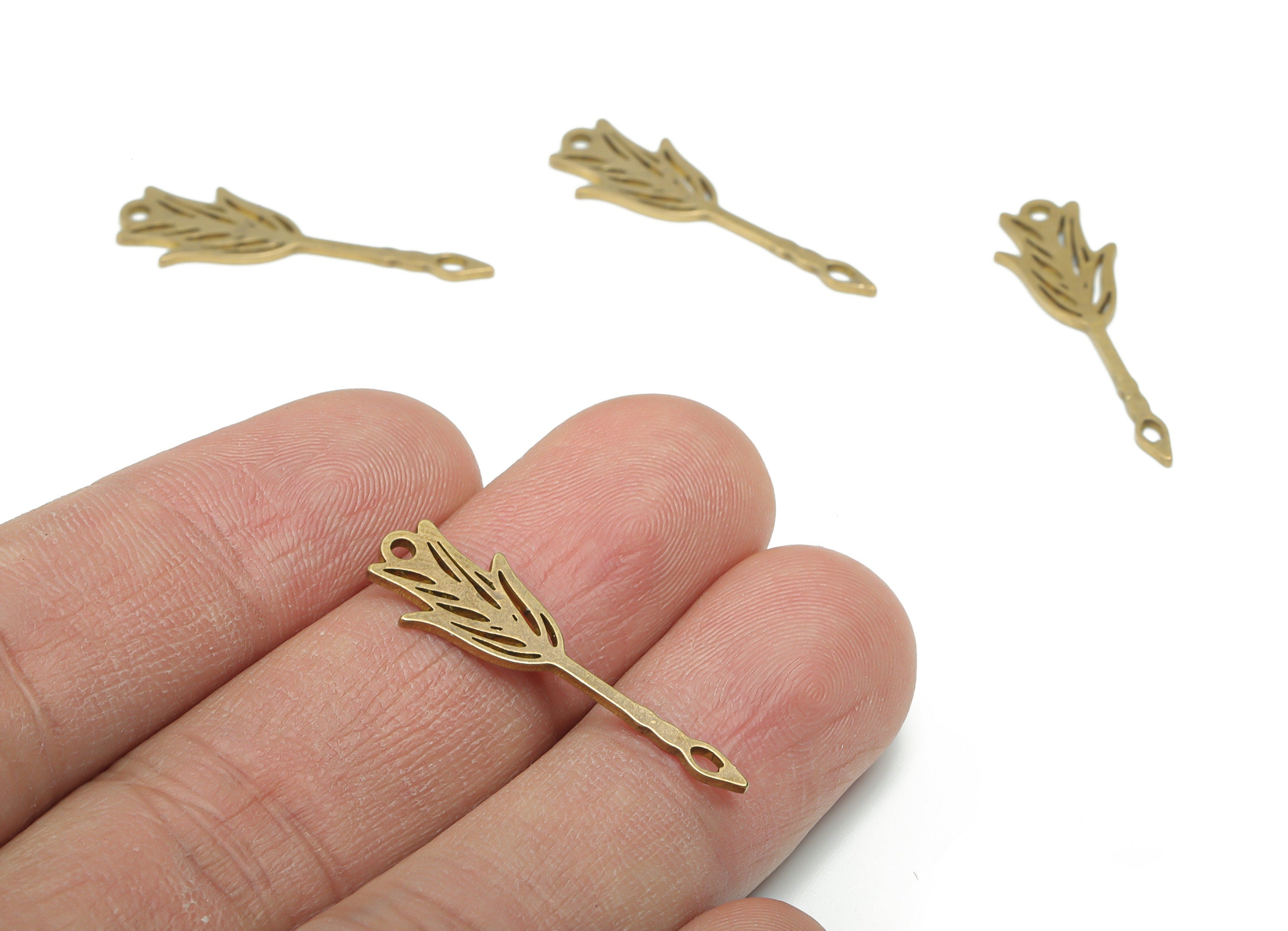 Brass Quill Pen Arrow Flower Earring Charms - Raw Brass Flower Arrow Pendant - DIY Jewelry Making Supplies - 29.82x9.29x0.85mm - PPA2080 - DOMEDBAZAAR