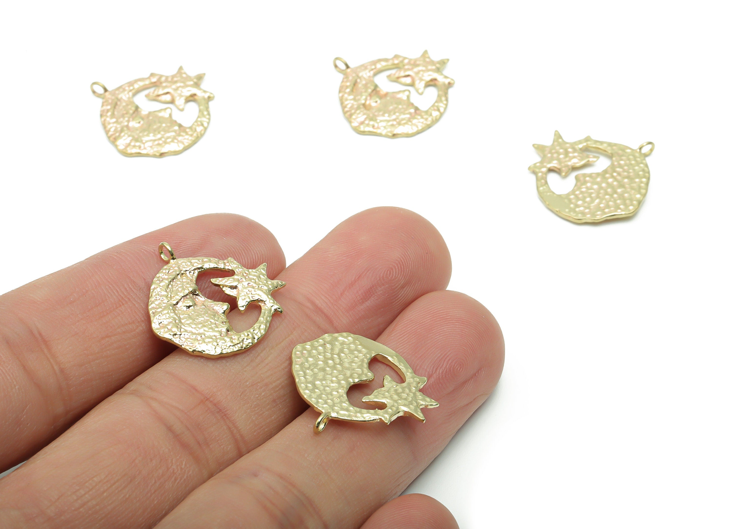 Brass Hammered Moon Face Star Earring Charms - Raw Brass Round Crescent Pendant - Jewelry Making Supplies - 20.03x19.57x1.18mm - PP5068 - DOMEDBAZAAR