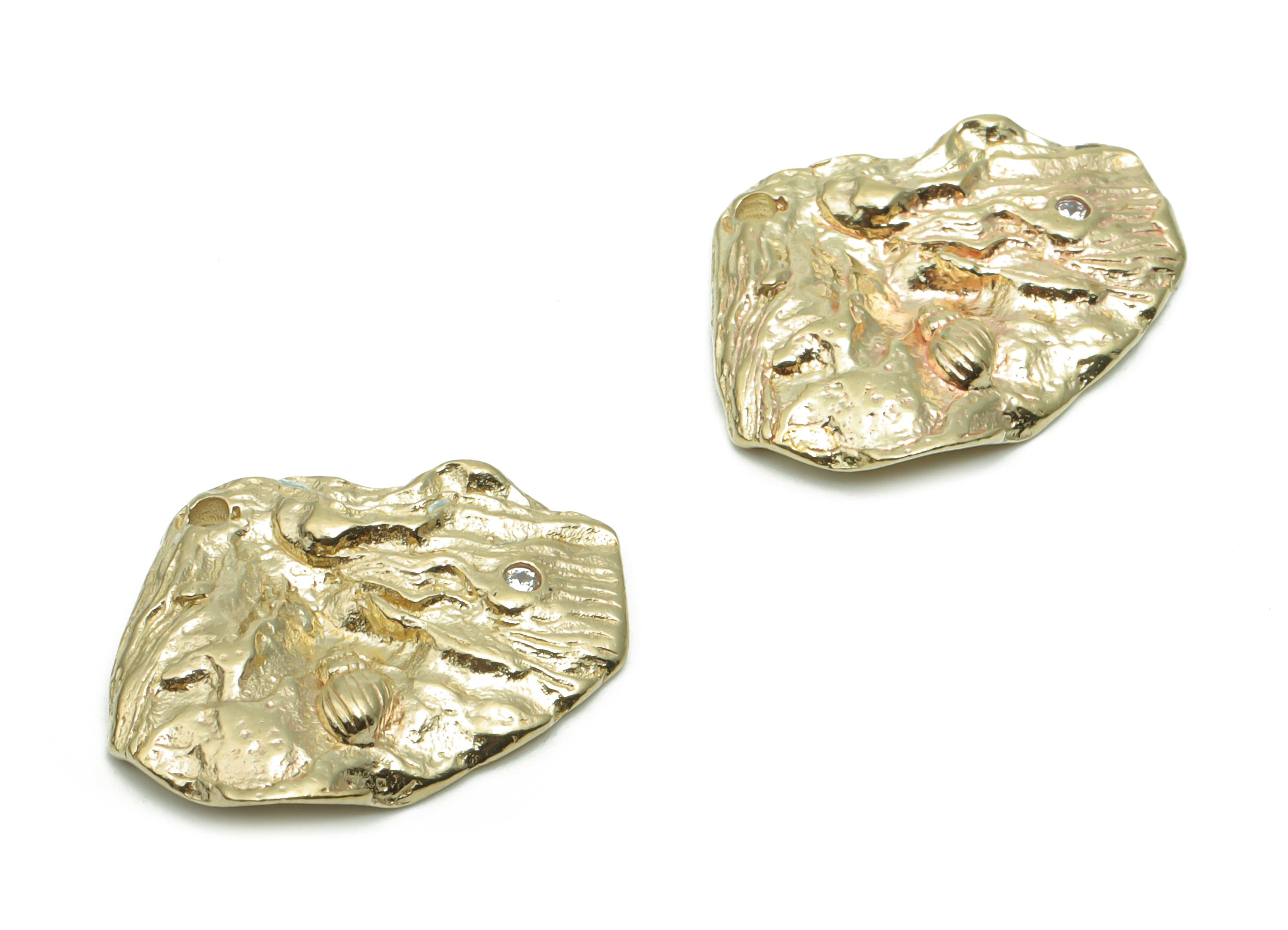 Brass Hammered Irregular Earring Charms With Zircons - Raw Brass Look Fassil Irregular Pendant - Jewelry Supplies - 21.47x15.9x2.2mm -PP5065 - DOMEDBAZAAR