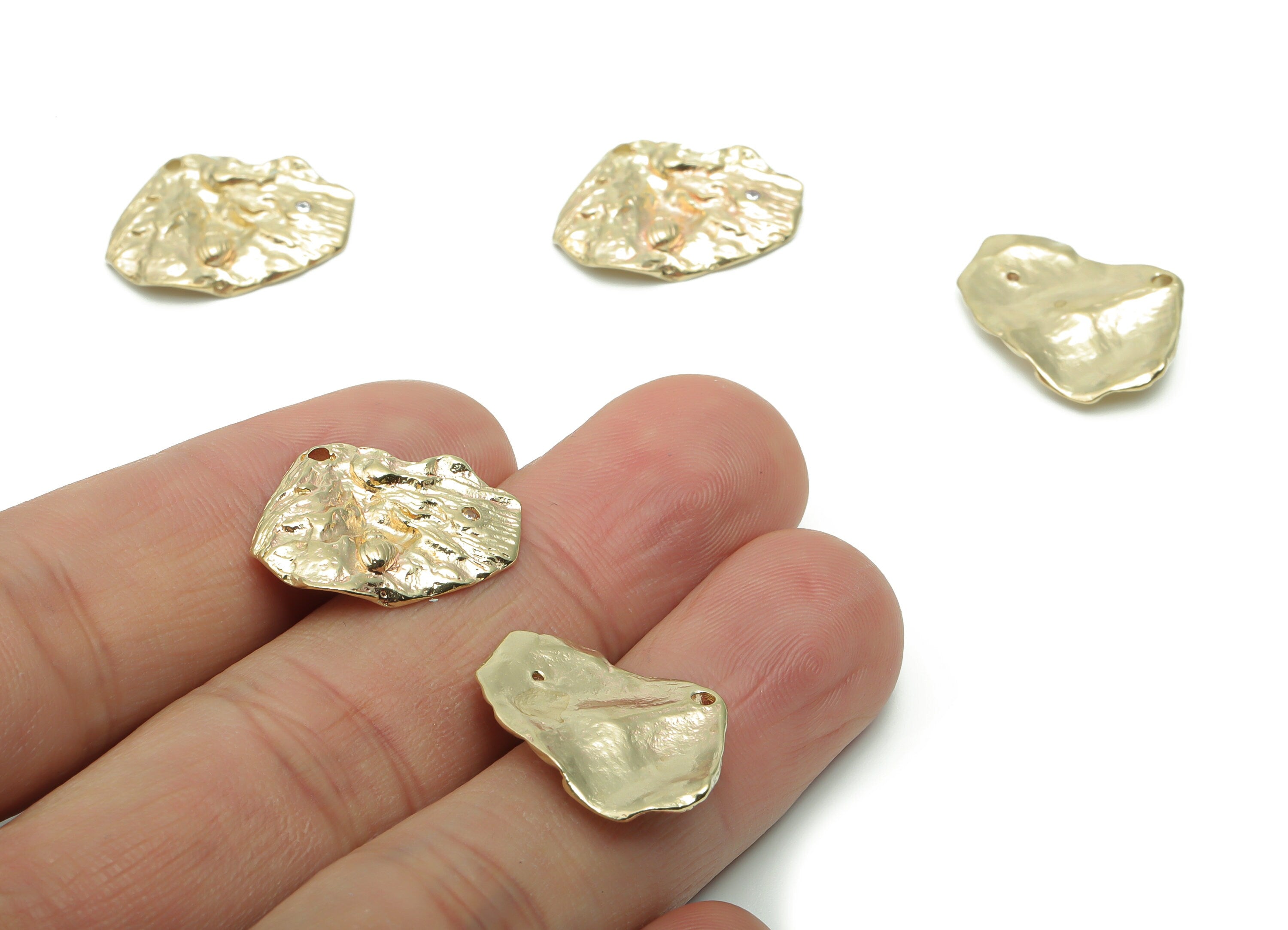 Brass Hammered Irregular Earring Charms With Zircons - Raw Brass Look Fassil Irregular Pendant - Jewelry Supplies - 21.47x15.9x2.2mm -PP5065 - DOMEDBAZAAR