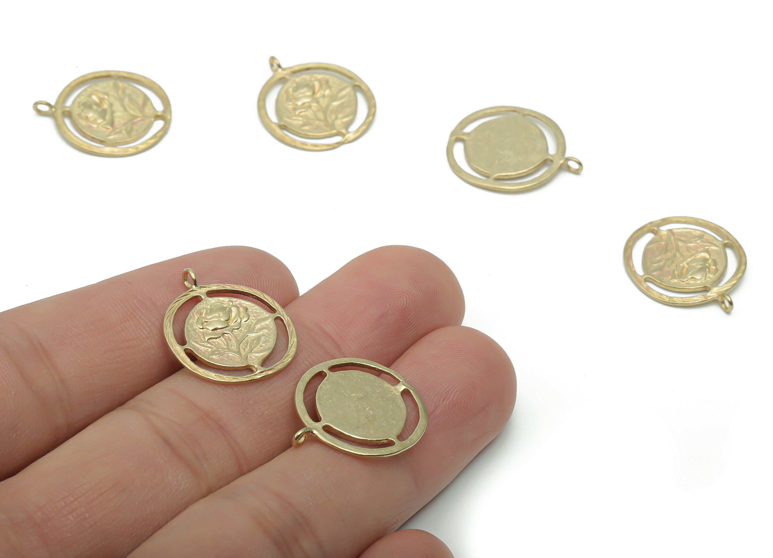 Brass Round Rose Flower Earring Charms - Raw Brass Rose Flower Circle Pendant - DIY Jewelry Making Supplies - 20.45x17.15x1.37mm - PP5069 - DOMEDBAZAAR