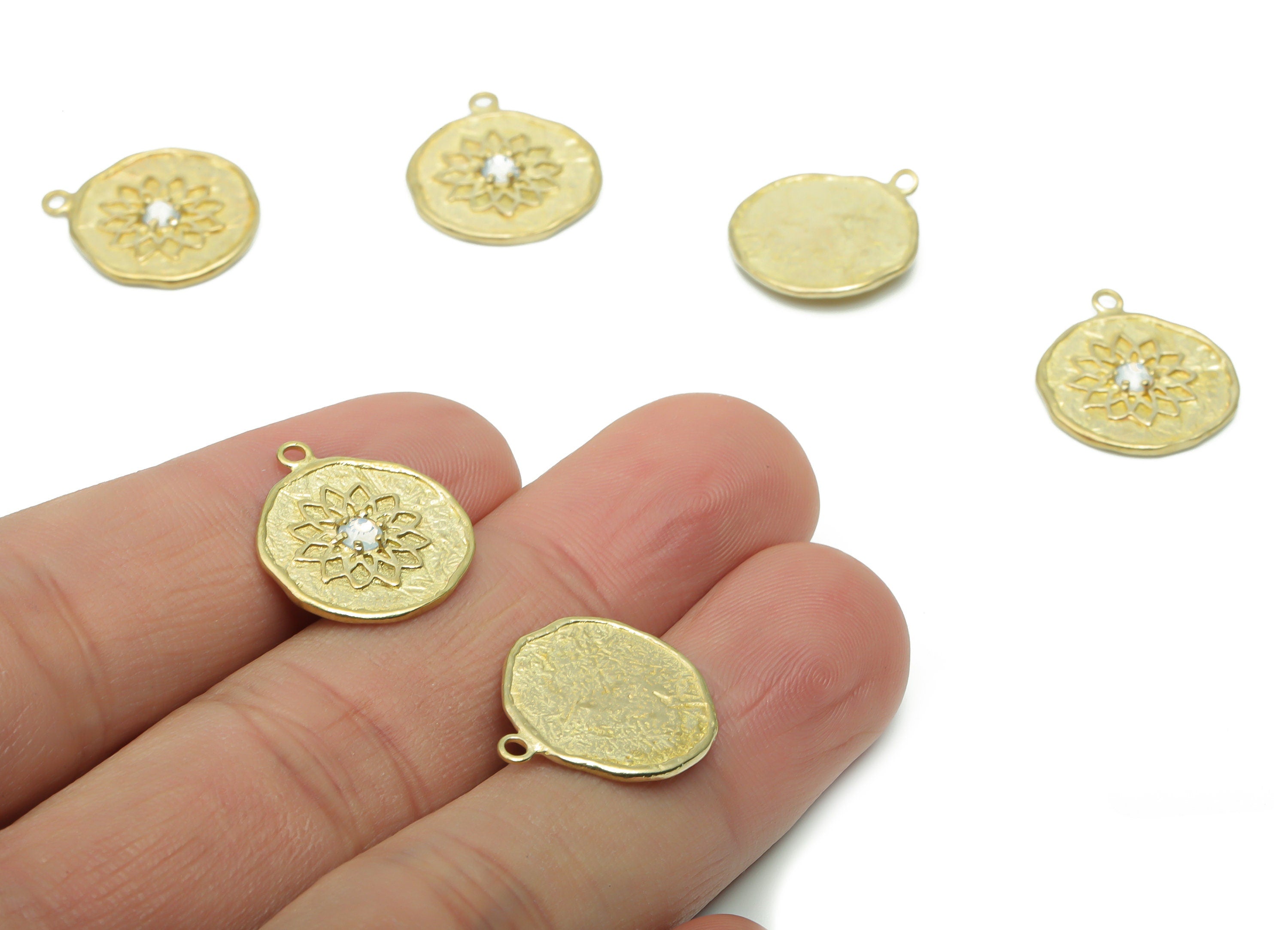 Brass Round Lotus Earring Charms With Zircon - Raw Brass Flower Circle Pendant - Jewelry Making Supplies - 17.91x15.81x2.04mm - PP5011 - DOMEDBAZAAR