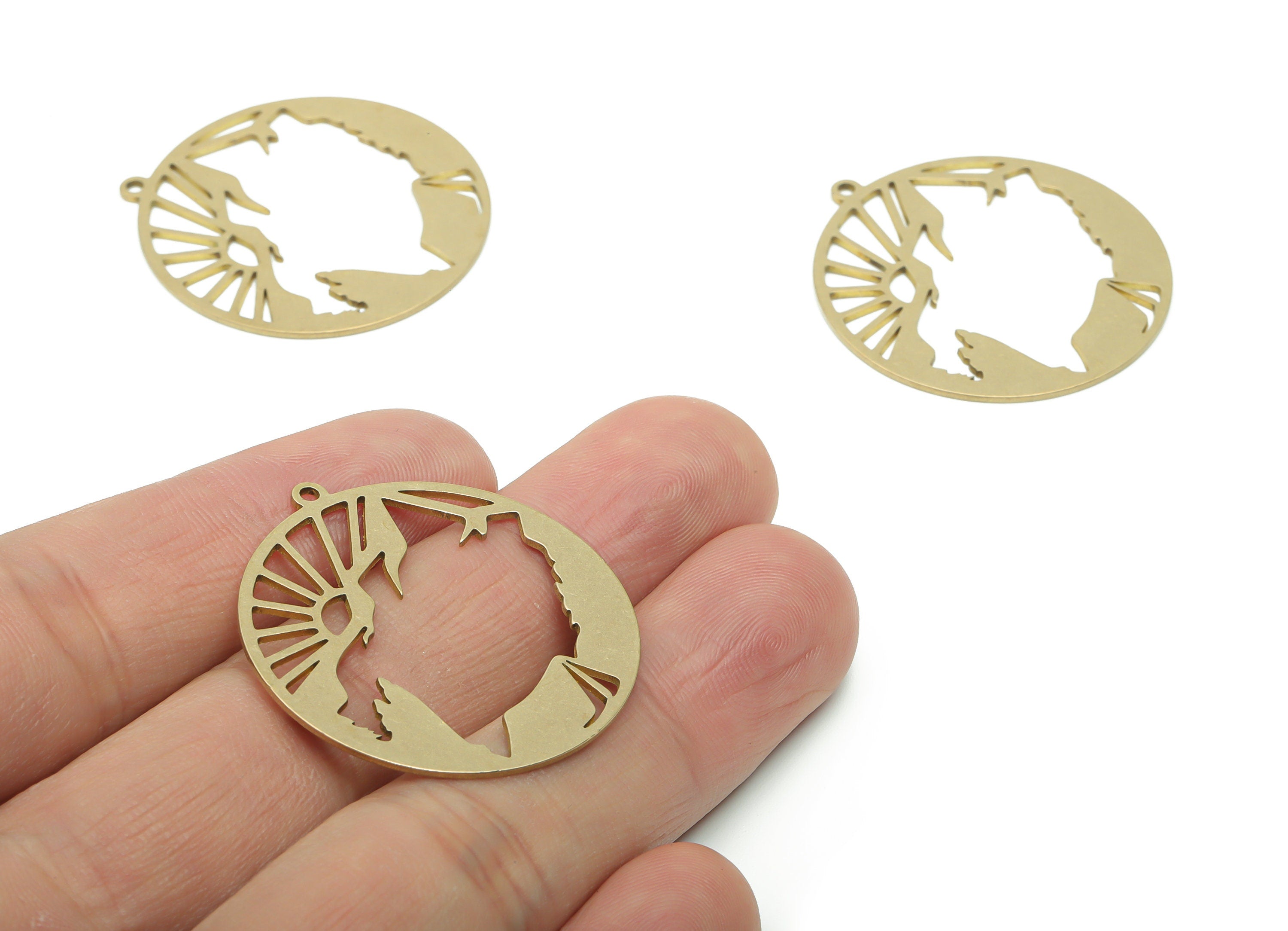 Brass Round Mountain Sun Earring Charms - Raw Brass Circle Mountain Sun Pendant - Jewelry Making Supplies - 34.75x32.36x0.76mm - PPZ0126 - DOMEDBAZAAR