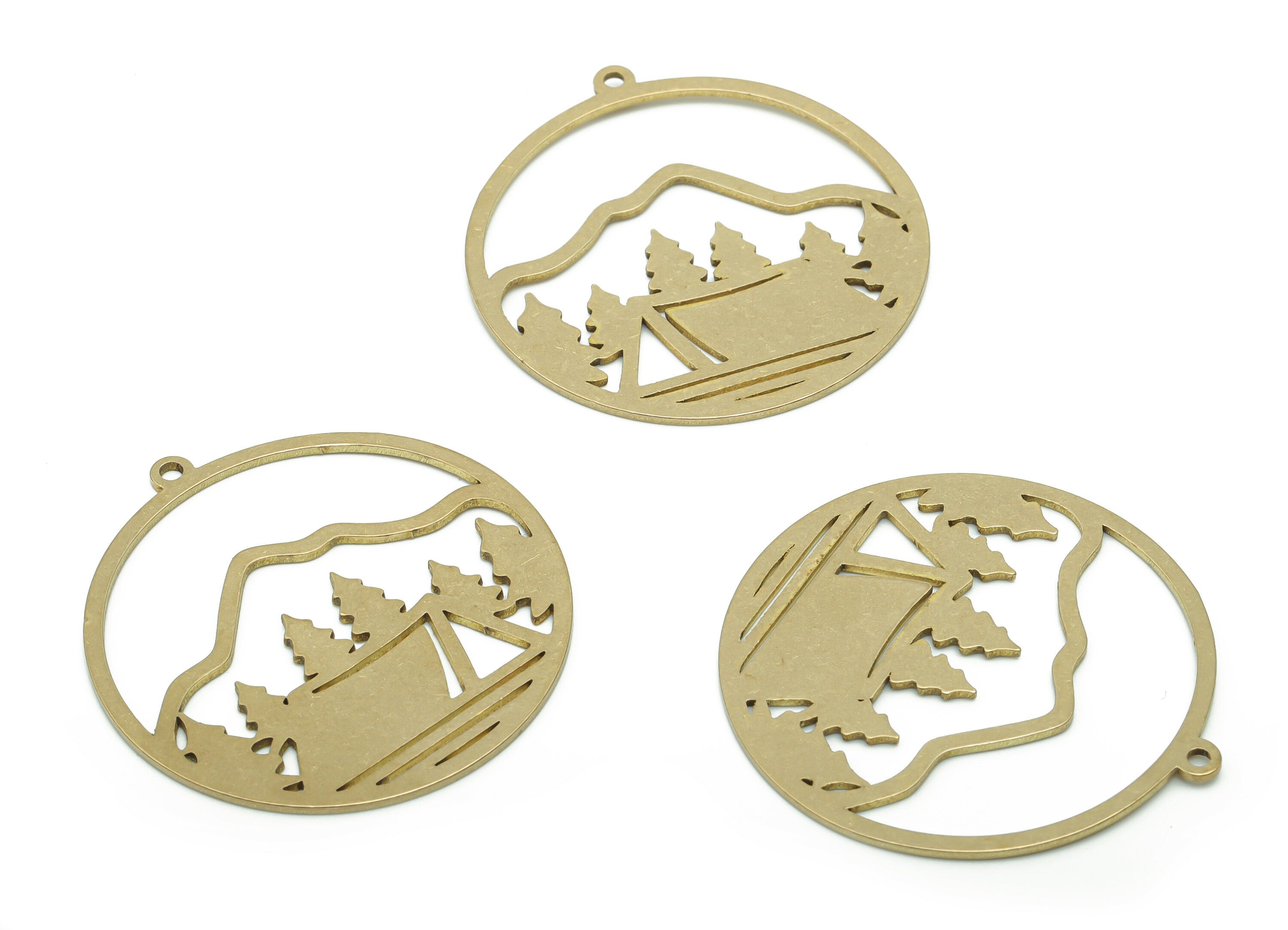 Brass Round Mountain Trees Earring Charms - Raw Brass Landscape Mountain Trees Pendant - Jewelry Supplies - 34.72x32.44x0.77mm - PPZ0125 - DOMEDBAZAAR