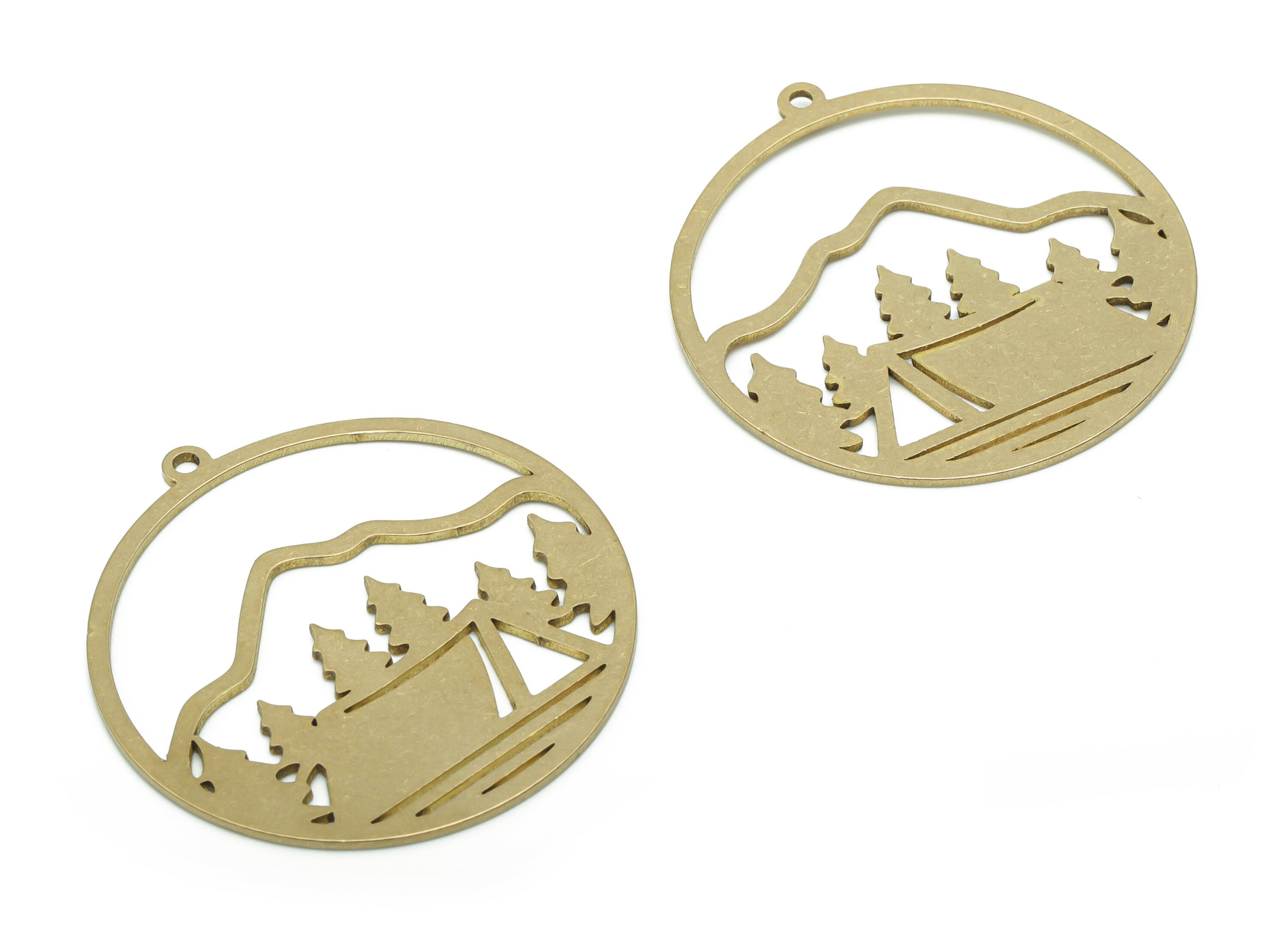 Brass Round Mountain Trees Earring Charms - Raw Brass Landscape Mountain Trees Pendant - Jewelry Supplies - 34.72x32.44x0.77mm - PPZ0125 - DOMEDBAZAAR