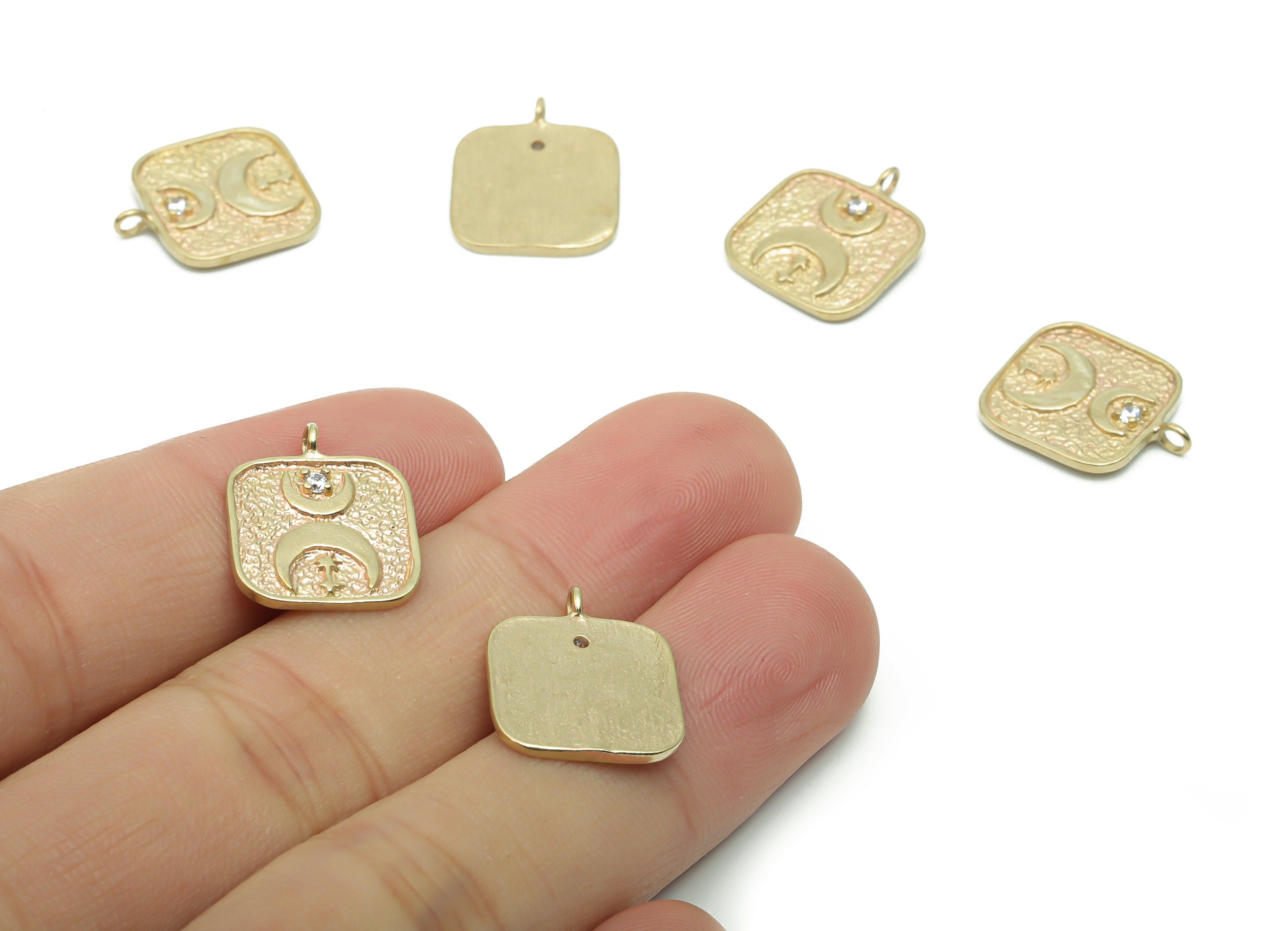 Brass Hammered Square Crescent Earring Charms With Zircons - Raw Brass Phase Of The Moon Pendant - Jewelry Supplies - 16.64x14.01x1mm-PP5016 - DOMEDBAZAAR