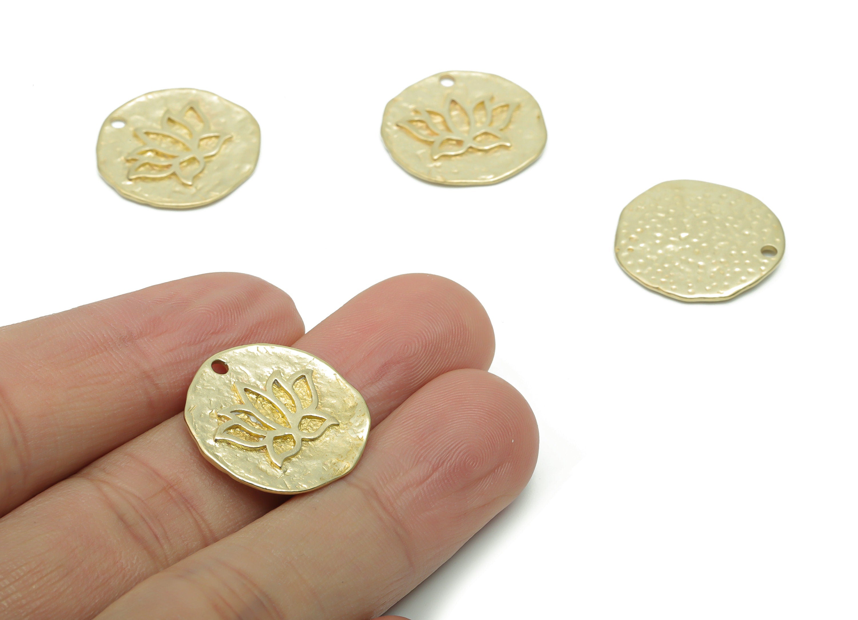 Brass Hammered Round Lotus Earring Charms - Raw Brass Flower Circle Pendant - DIY Jewelry Making Supplies - 20.69x20.56x1.59mm - PP5062 - DOMEDBAZAAR