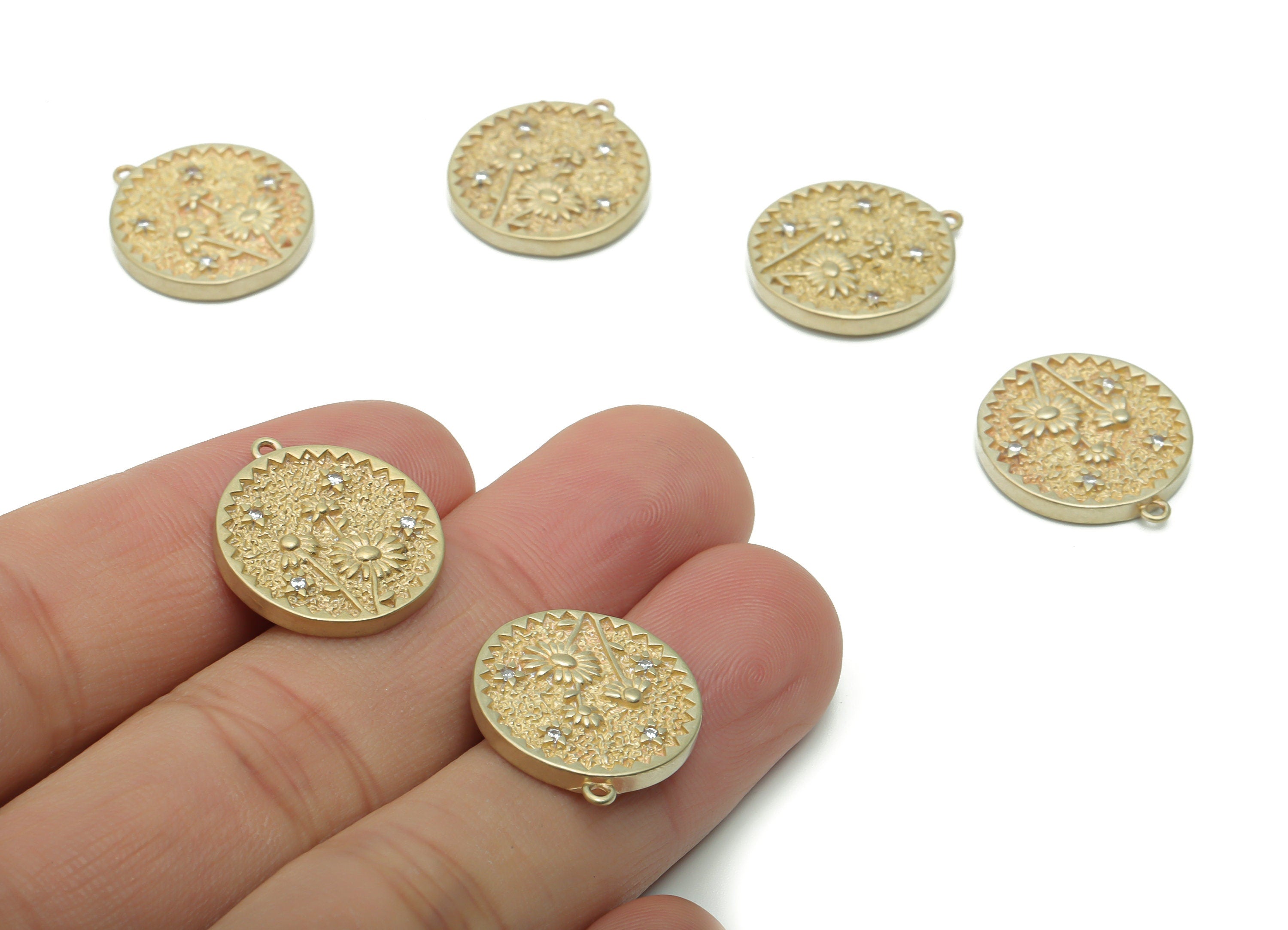 Brass Hammered Round Sunflower Earring Charms With Zircons - Raw Brass Circle Star Pendant - Jewelry Supplies - 19.96x17.63x2.41mm - PP5082 - DOMEDBAZAAR
