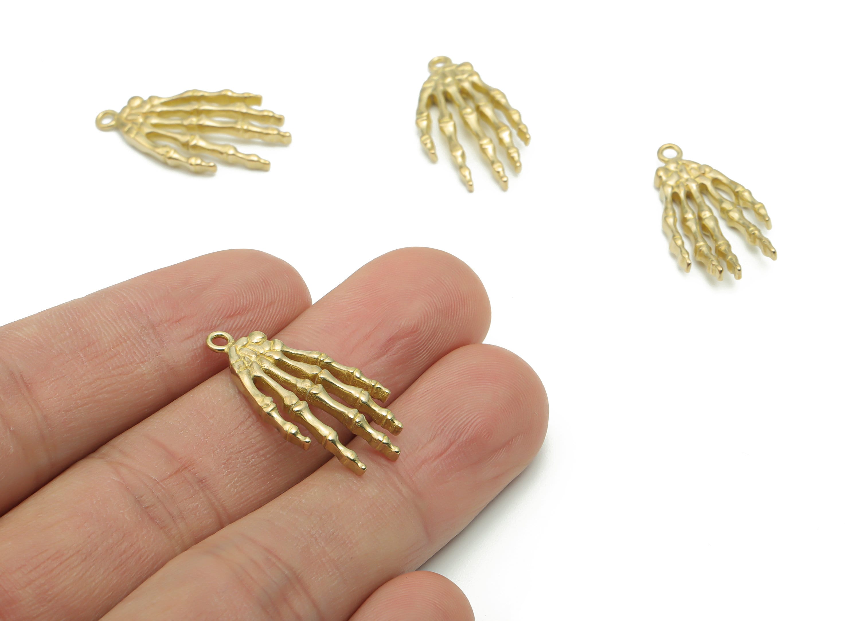 Brass Hand Bones Earring Charms - Raw Brass Skelaton Hand Pendant - DIY Jewelry Making Supplies - 26.69x12.85x2.53mm - PP4976 - DOMEDBAZAAR