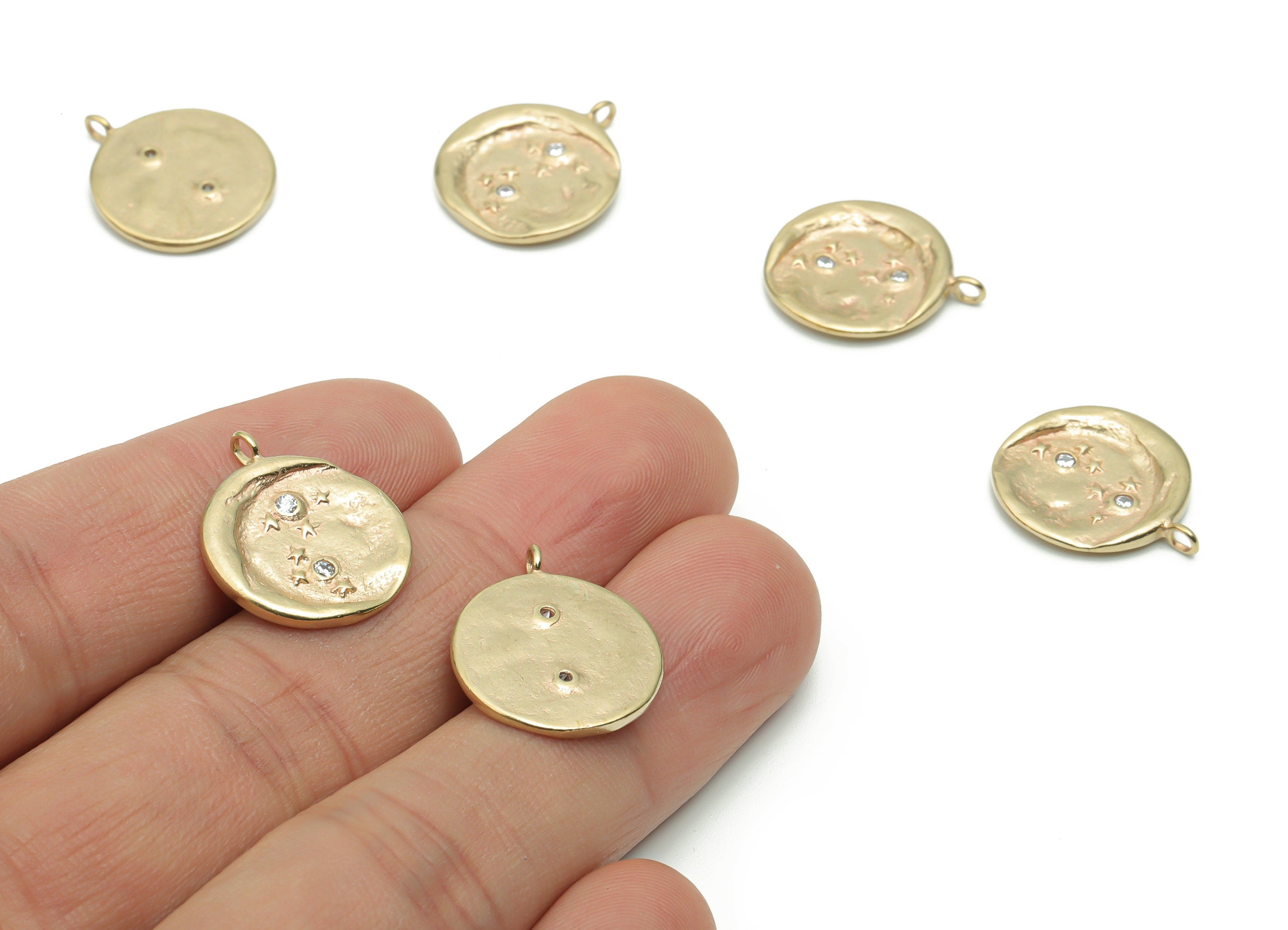 Brass Mini Round Moon Star Earring Charms With Zircons - Raw Brass Circle Crescent Pendant - Jewelry Supplies - 19.18x16.5x1.65mm - PP5047 - DOMEDBAZAAR