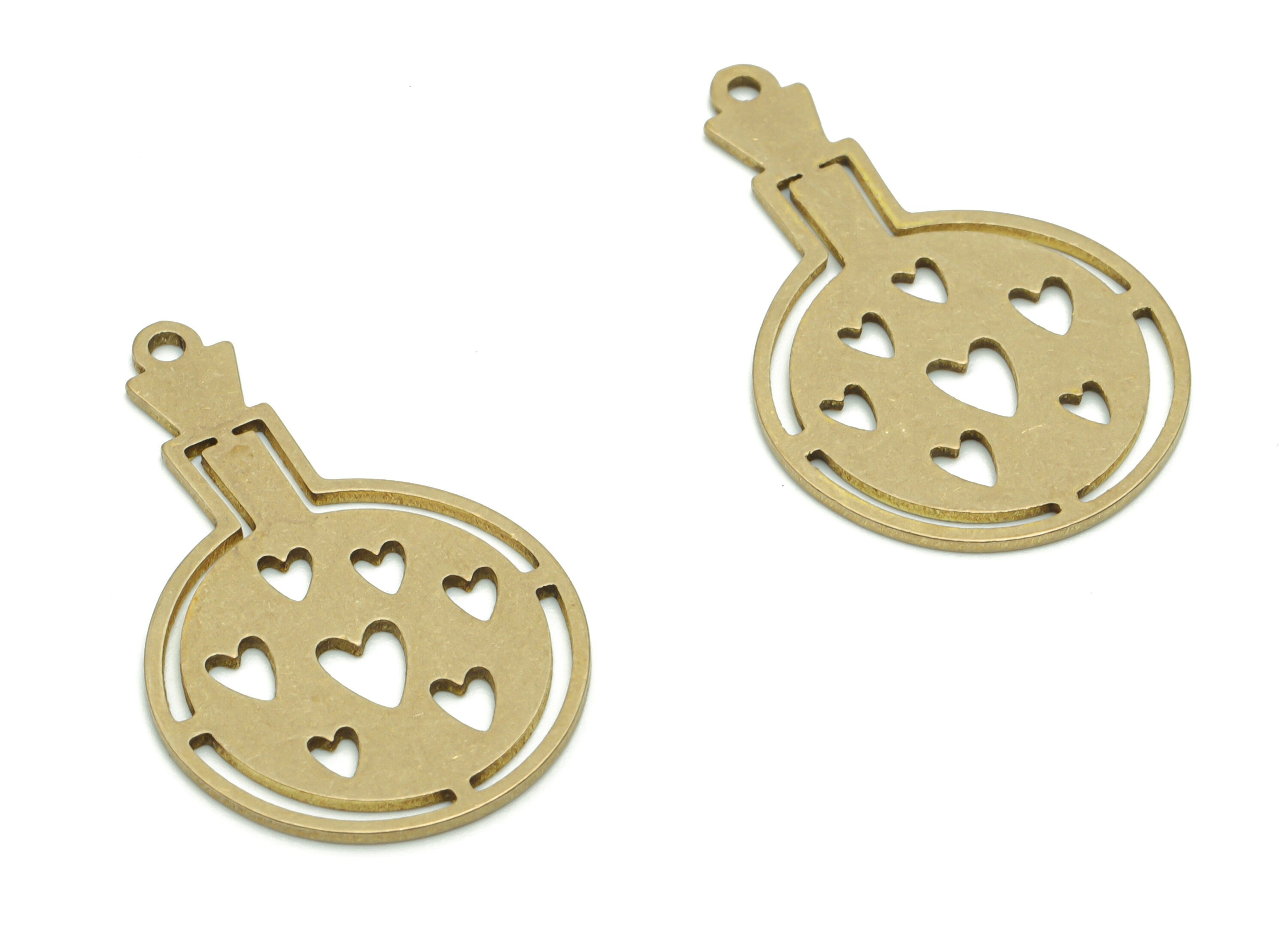 Brass Bottle Heart Earring Charms - Raw Brass Round Heart Pendant - Jewelry Making Supplies - 29.88x18.91x0.78mm - PPZ0128 - DOMEDBAZAAR