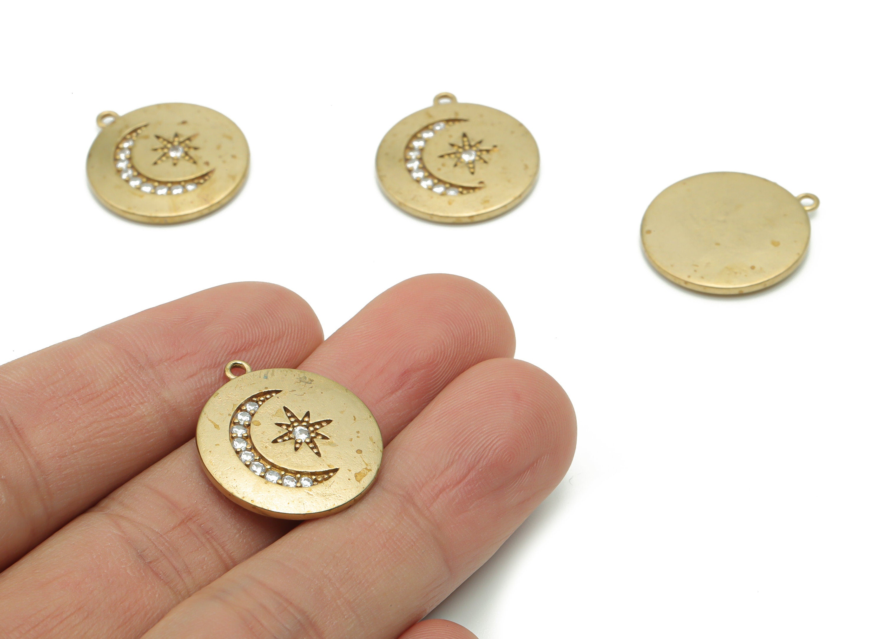 Brass Round Moon Star Earring Charms With Zircons - Raw Brass Circle Crescent Pendant - Jewelry Making Supplies - 22.27x20.26x2.5mm - PP4996 - DOMEDBAZAAR