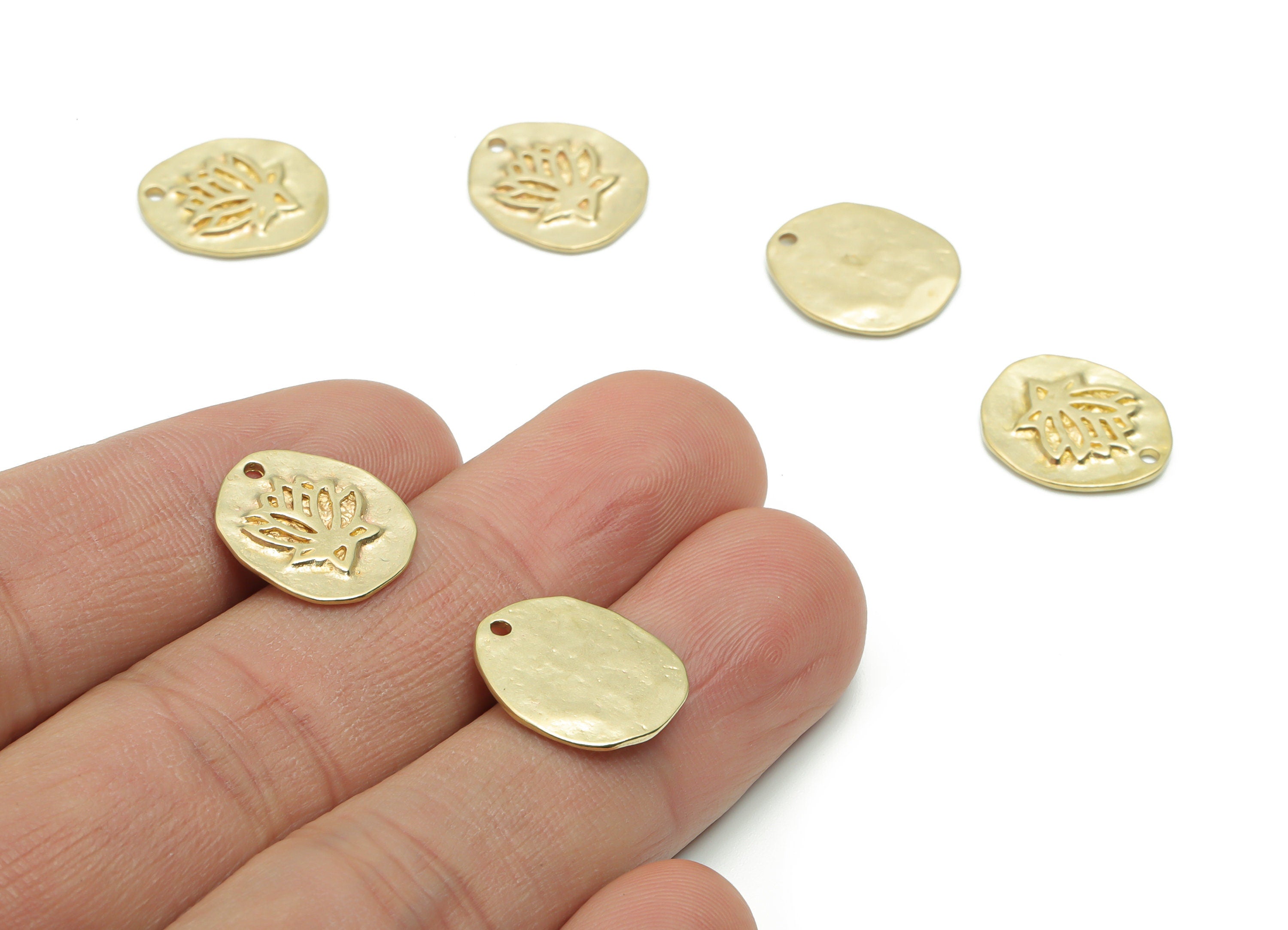 Brass Mini Round Lotus Earring Charms - Raw Brass Lotus Engraved Pendant - DIY Jewelry Making Supplies - 15.49x13.58x1.48mm - PP5035 - DOMEDBAZAAR