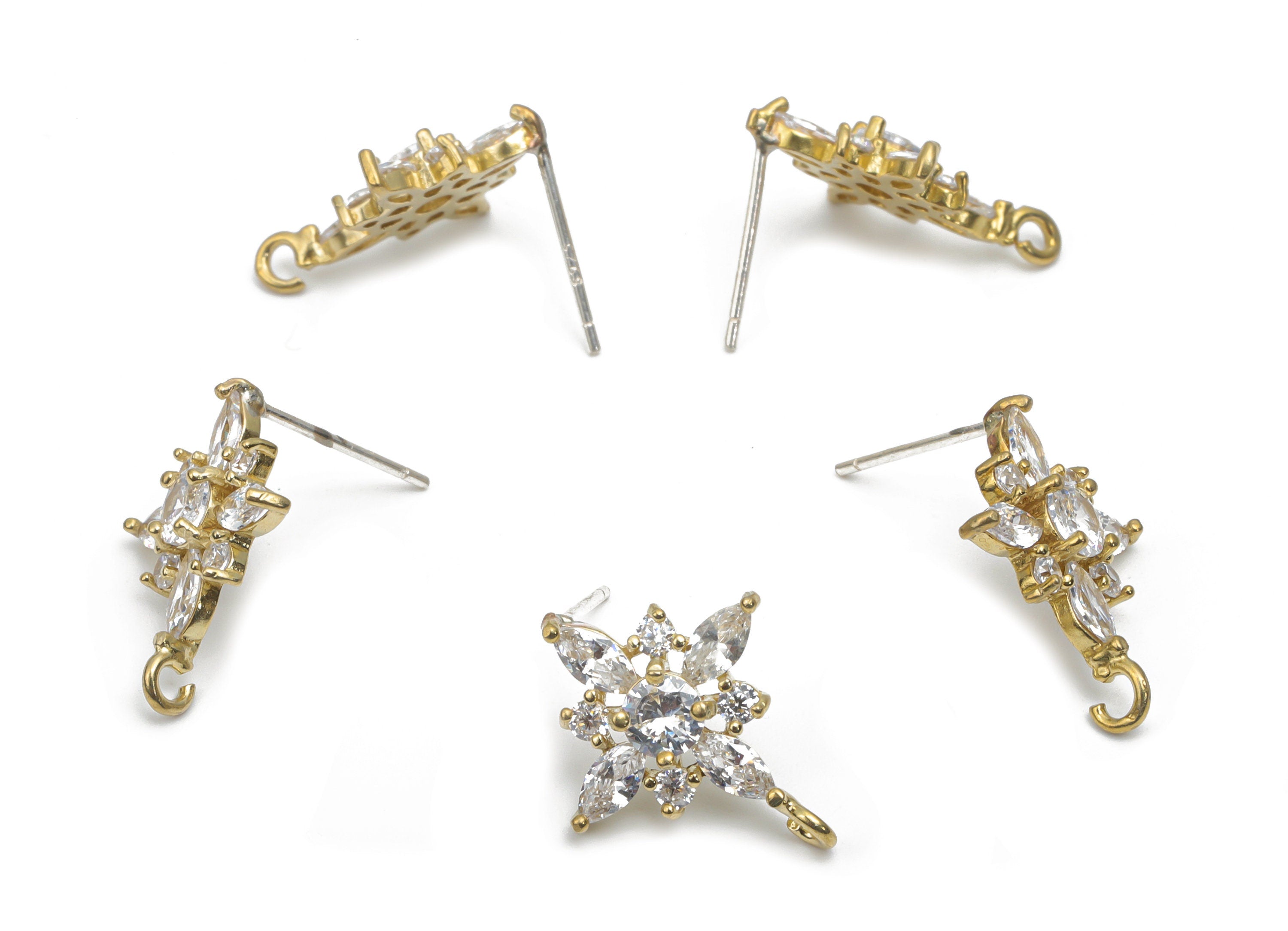 Brass Flower Earring Stud With Zircons - Raw Brass Flower Earring Post - Silver Stud - Jewelry Making Supplies - 18.1x14.62x3.47mm - PP5130 - DOMEDBAZAAR