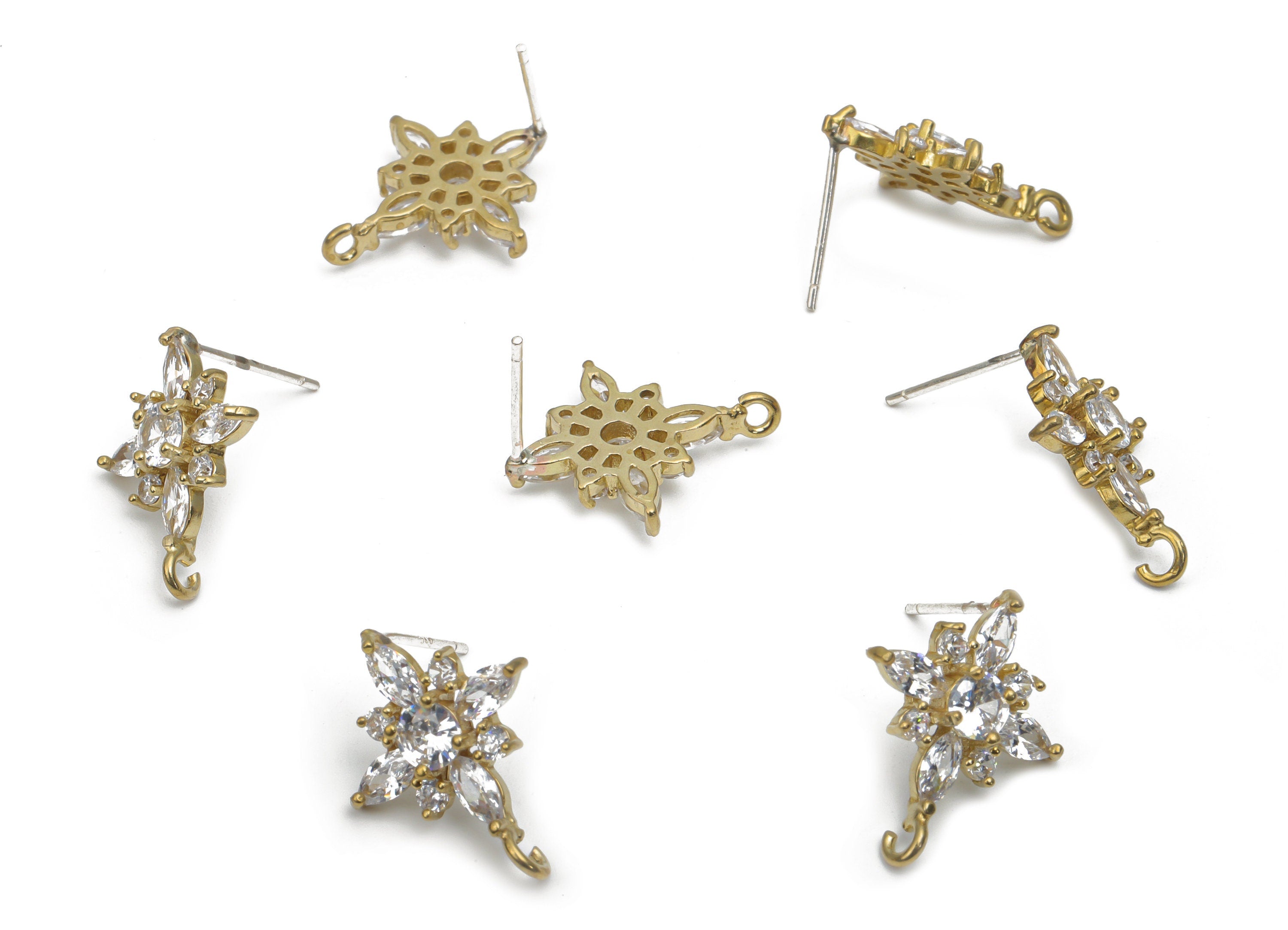 Brass Flower Earring Stud With Zircons - Raw Brass Flower Earring Post - Silver Stud - Jewelry Making Supplies - 18.1x14.62x3.47mm - PP5130 - DOMEDBAZAAR