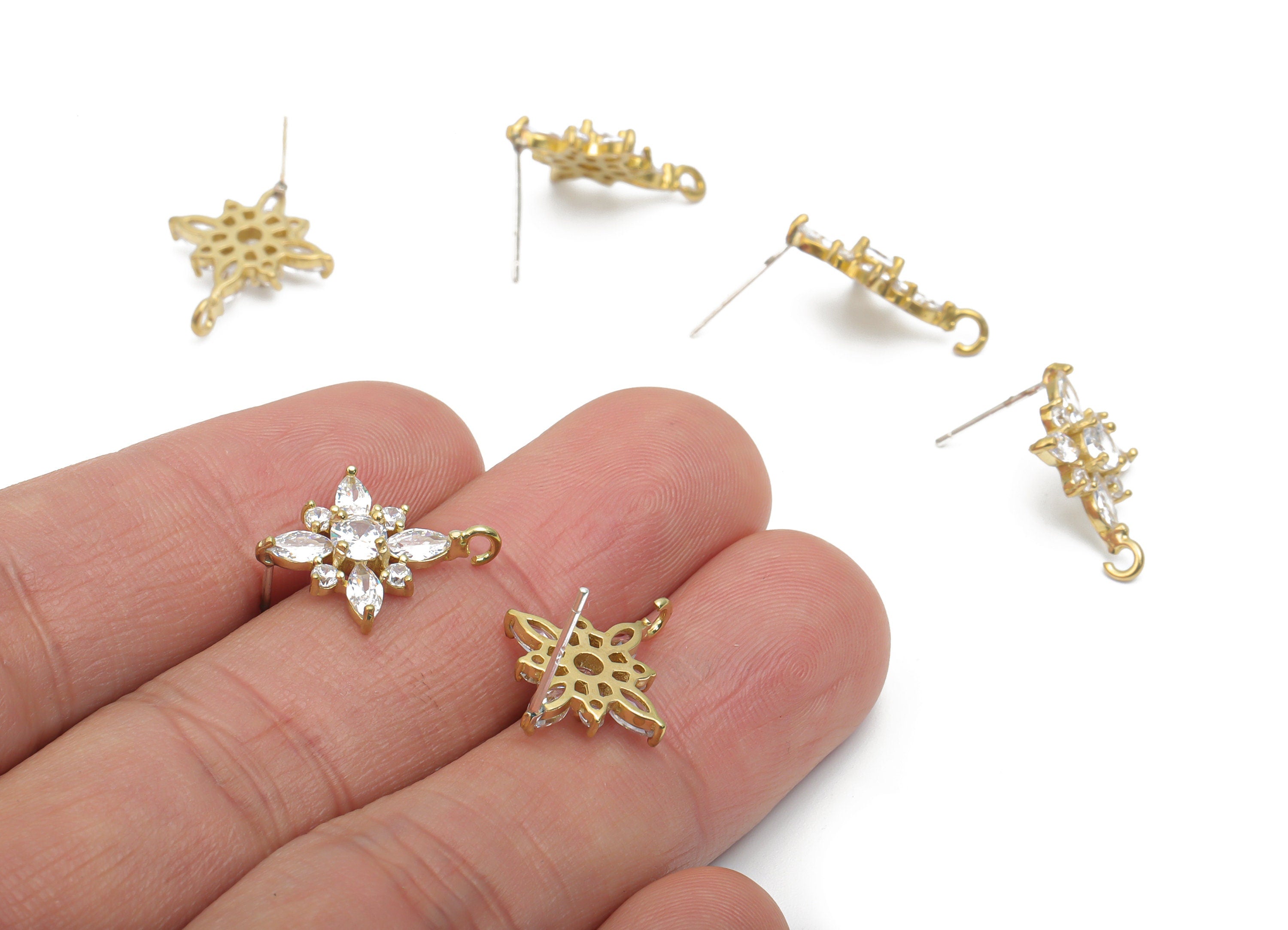 Brass Flower Earring Stud With Zircons - Raw Brass Flower Earring Post - Silver Stud - Jewelry Making Supplies - 18.1x14.62x3.47mm - PP5130 - DOMEDBAZAAR