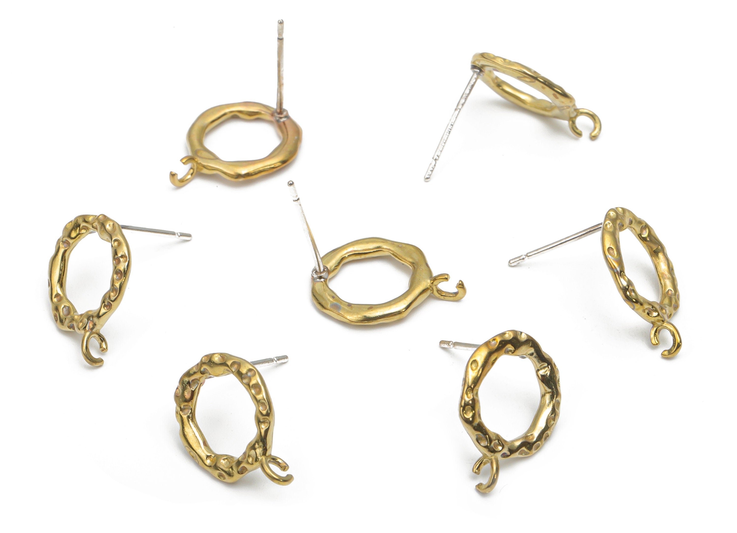 Brass Hammered Round Earring Stud - Raw Brass Circle Post - Silver Plated Cupronickel Stud - Jewelry Supplies - 14.77x11.55x1.58mm - PP5128 - DOMEDBAZAAR