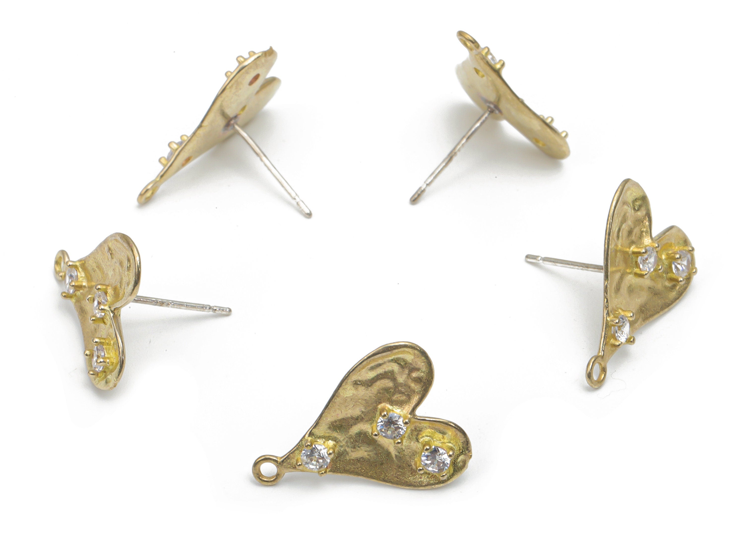 Brass Heart Earring Stud With Zircons - Raw Brass Heart Earring Post - Silver Plated Cupronickel Stud - 18.58x14.34x2.68mm - PP5125 - DOMEDBAZAAR