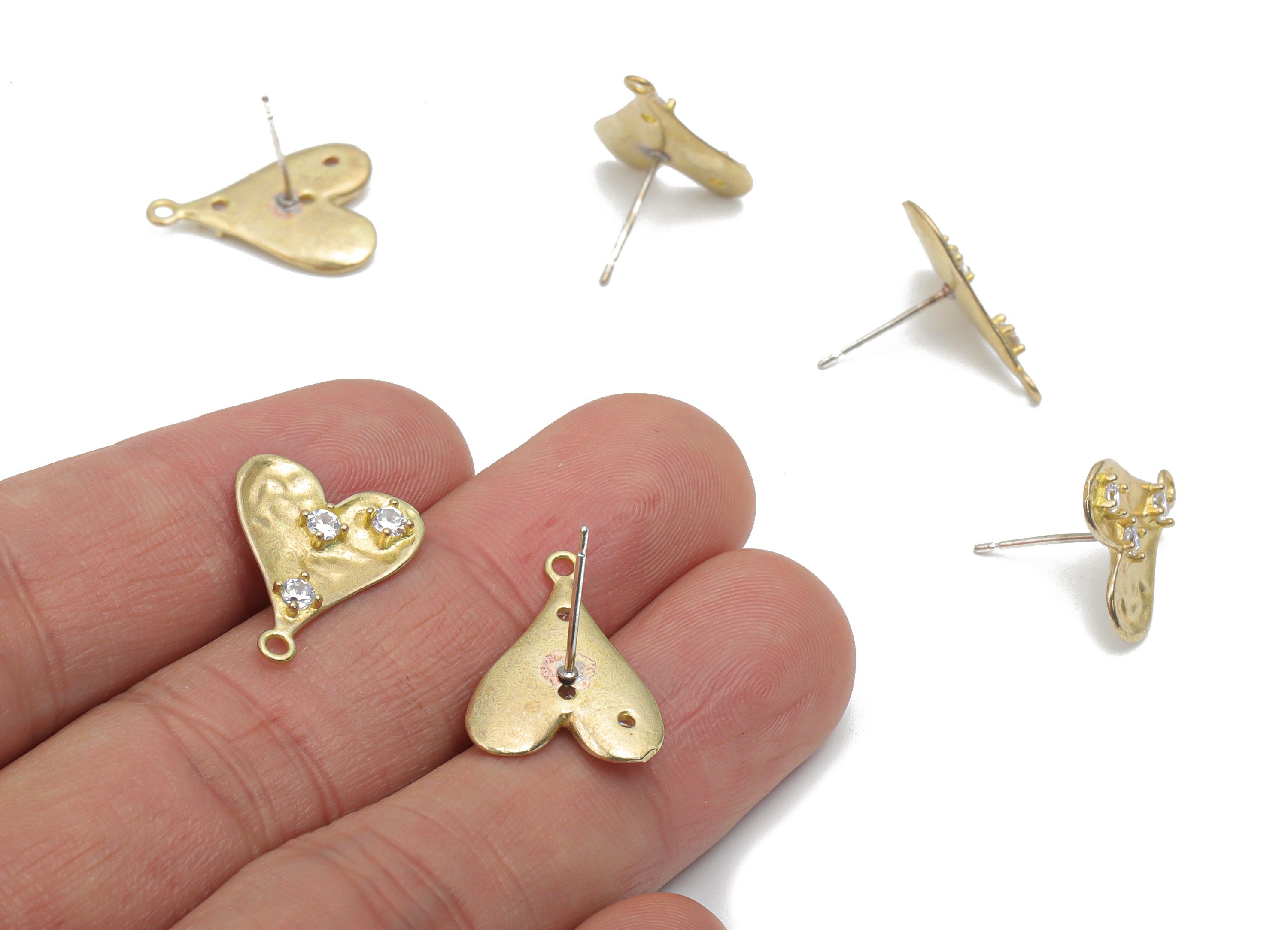 Brass Heart Earring Stud With Zircons - Raw Brass Heart Earring Post - Silver Plated Cupronickel Stud - 18.58x14.34x2.68mm - PP5125 - DOMEDBAZAAR