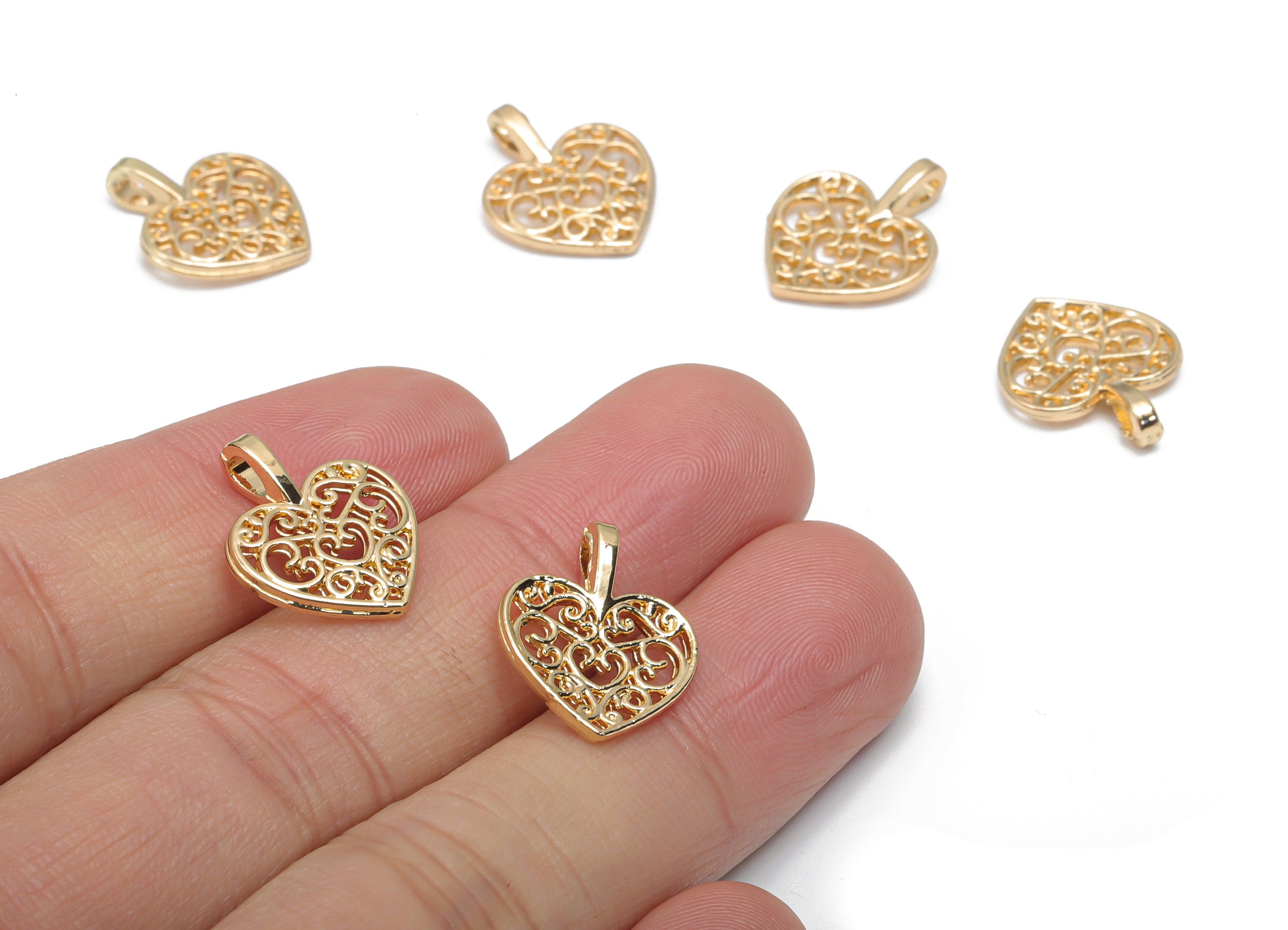 Zinc Alloy Pattern Heart Earring Charms - Alloy Heart Pendant - Gold Tone Plated Alloy - Jewelry Making Supplies - 17.66x14.4x1.8mm - ZZ1995 - DOMEDBAZAAR