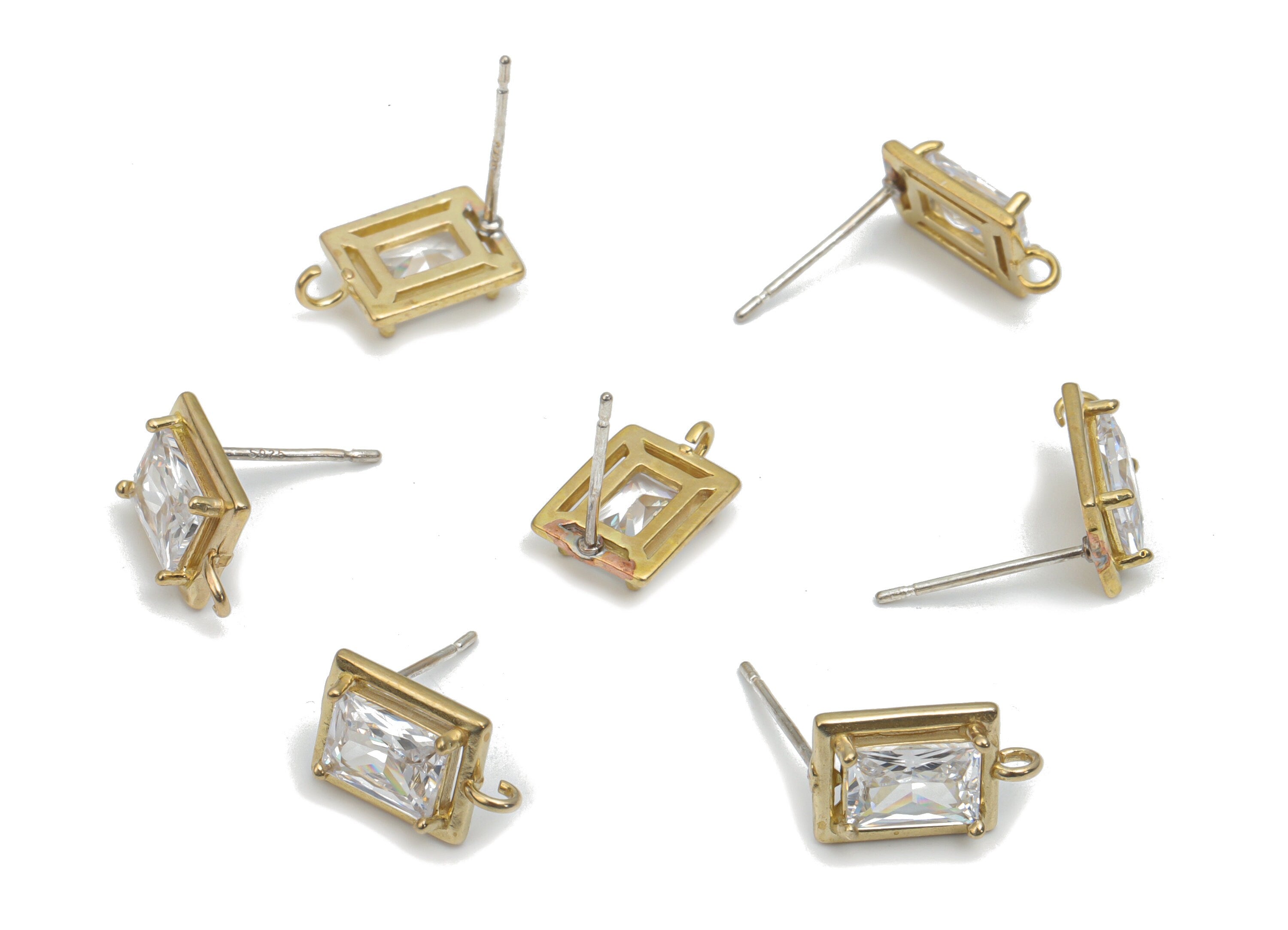 Brass Multi Rectangle Earring Stud With Zircons - Raw Brass Rectangle Post - Silver Plated White Brass Stud - 12.64x7.92x2.78mm - PP5132 - DOMEDBAZAAR