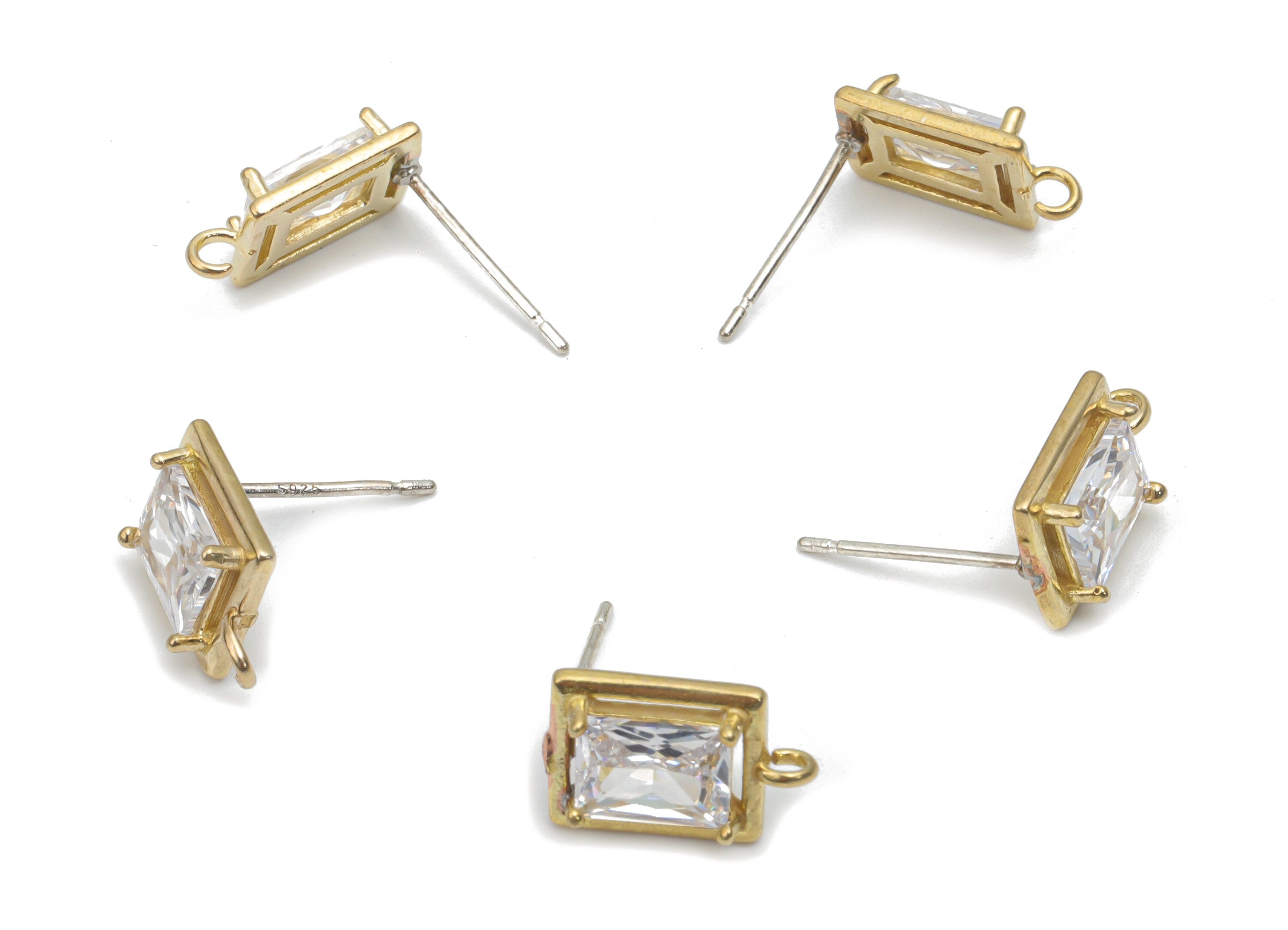 Brass Multi Rectangle Earring Stud With Zircons - Raw Brass Rectangle Post - Silver Plated White Brass Stud - 12.64x7.92x2.78mm - PP5132 - DOMEDBAZAAR