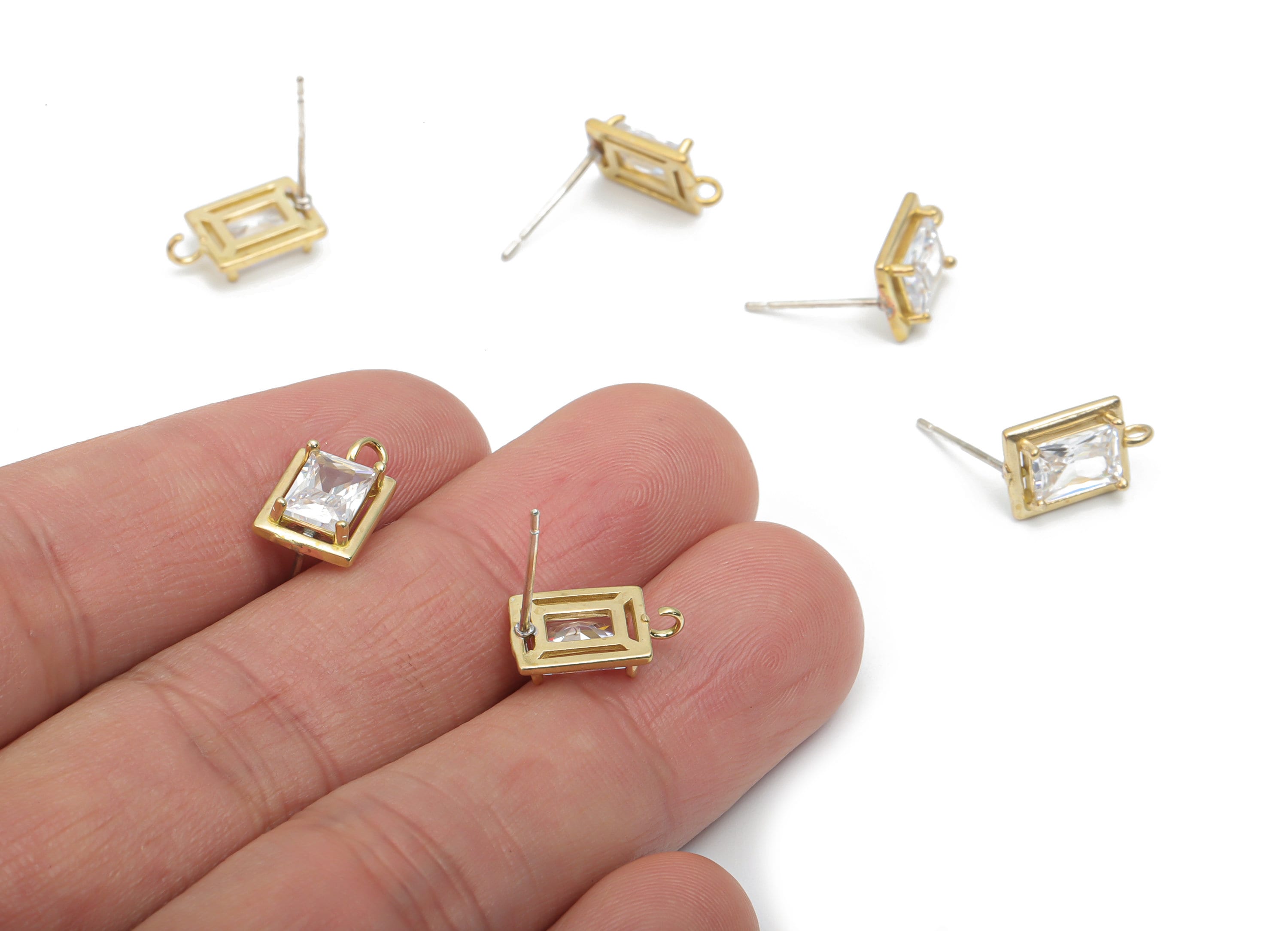Brass Multi Rectangle Earring Stud With Zircons - Raw Brass Rectangle Post - Silver Plated White Brass Stud - 12.64x7.92x2.78mm - PP5132 - DOMEDBAZAAR