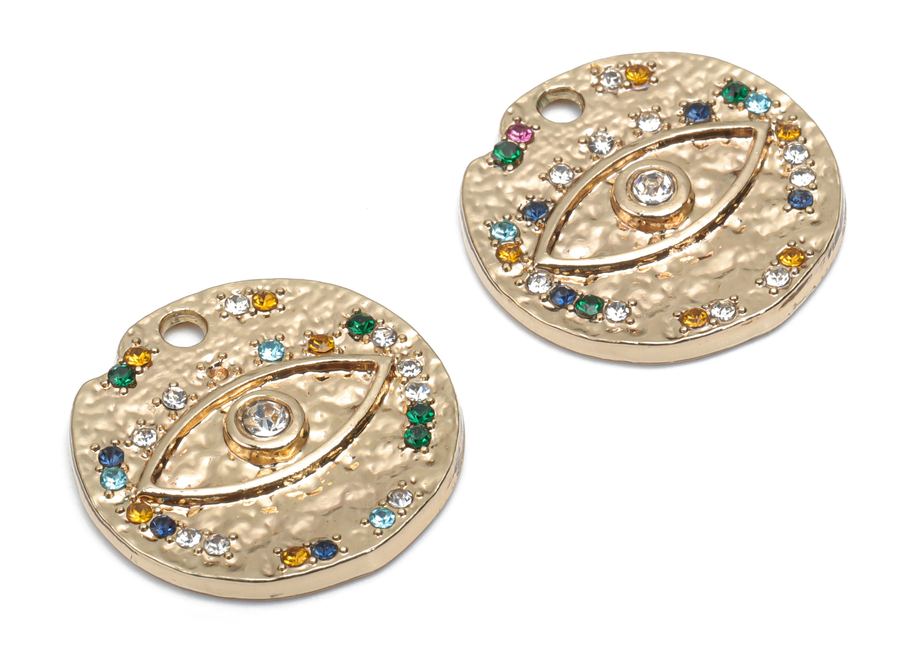 Zinc Alloy Hammered Round Eye Charms - Glass Circle Eye Pendant - Gold Tone Plated Alloy - Jewelry Supplies - 18.82x18.82x2.32mm - ZZ2017 - DOMEDBAZAAR