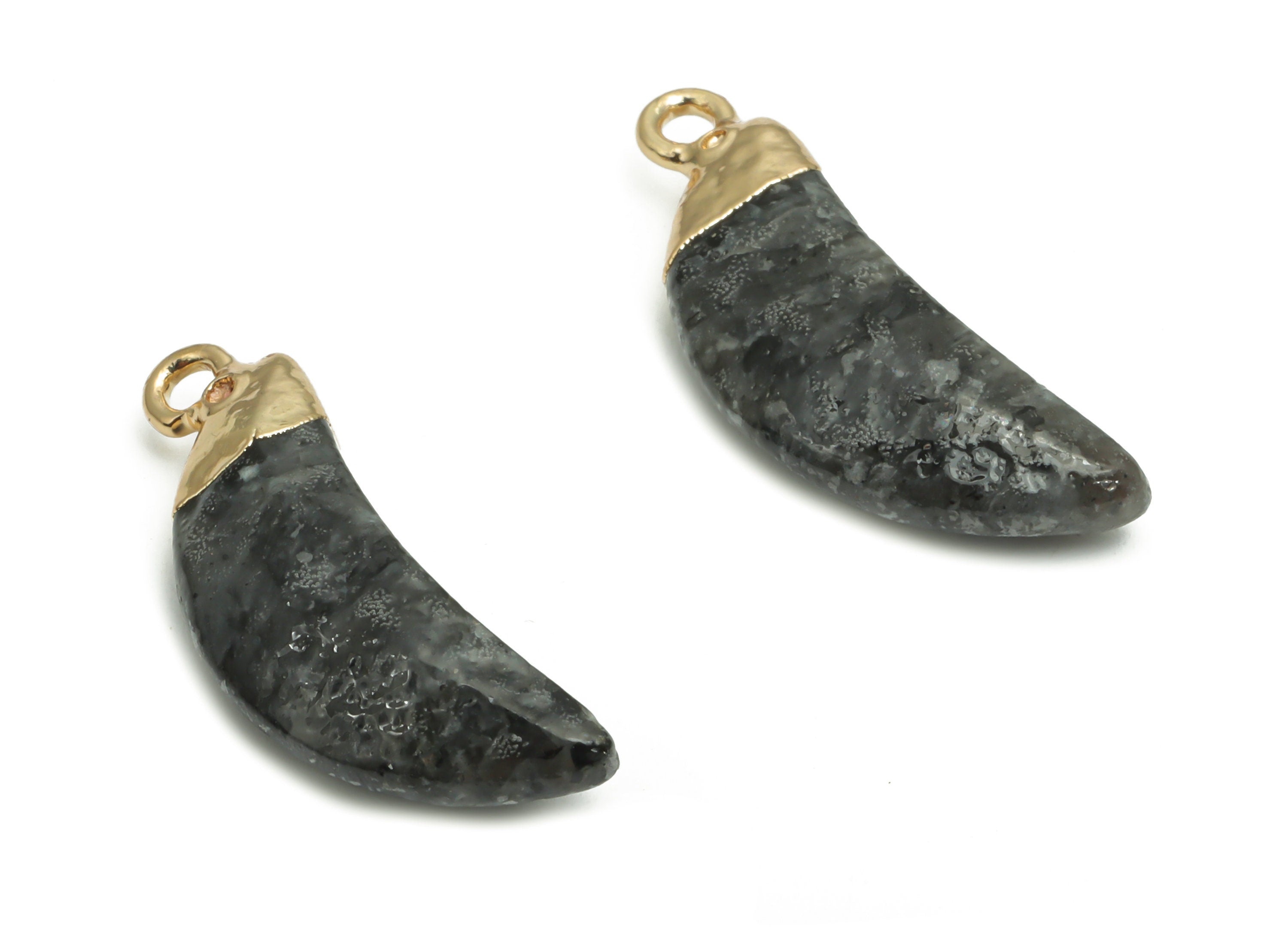 Gray Labradorite Crescent Earring Charms - Brass Moon Pendant - Natural Stone - Gold Tone Plated Brass – 26.71x9.58x4.71mm – NS1598D - DOMEDBAZAAR