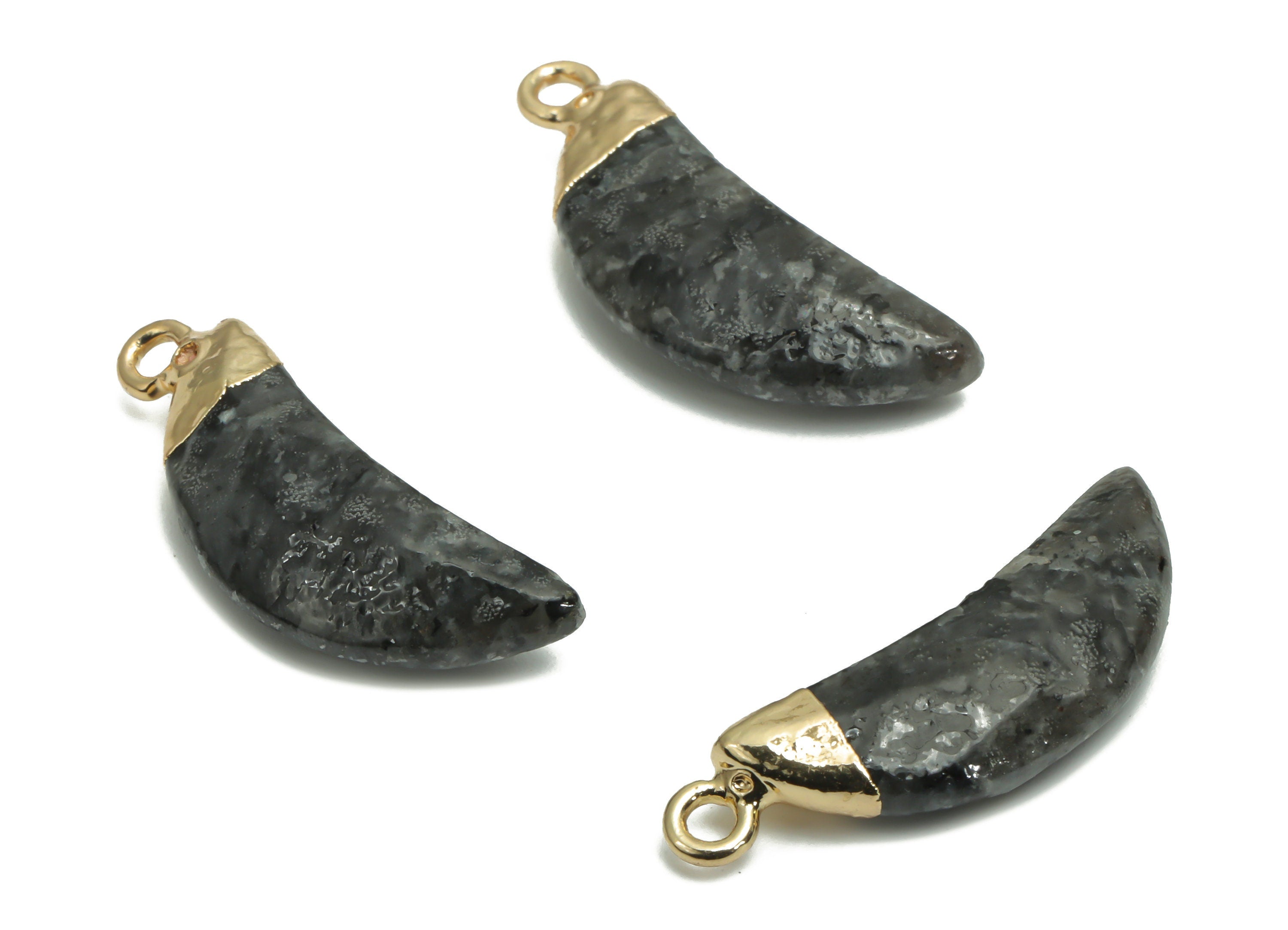 Gray Labradorite Crescent Earring Charms - Brass Moon Pendant - Natural Stone - Gold Tone Plated Brass – 26.71x9.58x4.71mm – NS1598D - DOMEDBAZAAR