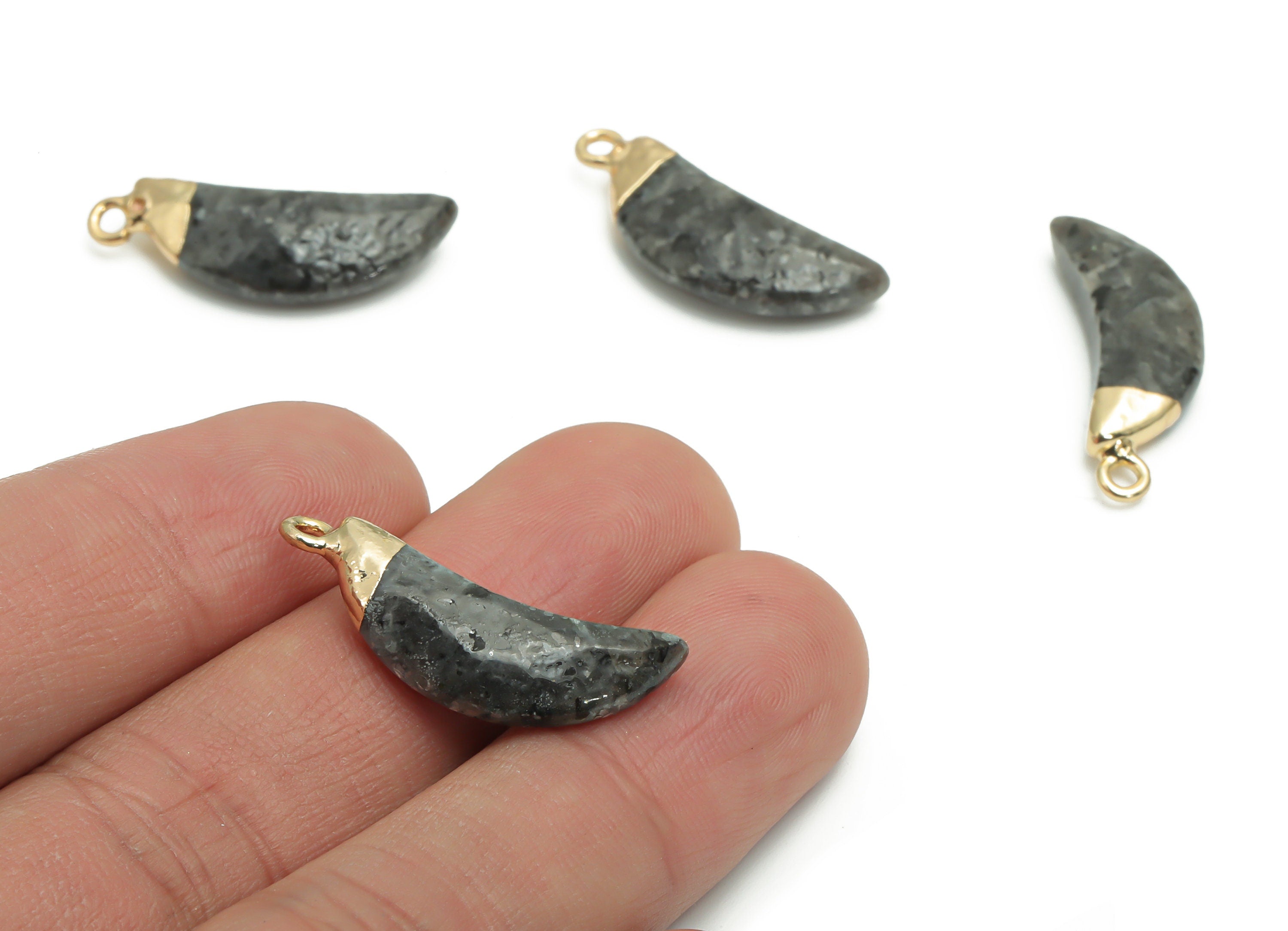 Gray Labradorite Crescent Earring Charms - Brass Moon Pendant - Natural Stone - Gold Tone Plated Brass – 26.71x9.58x4.71mm – NS1598D - DOMEDBAZAAR