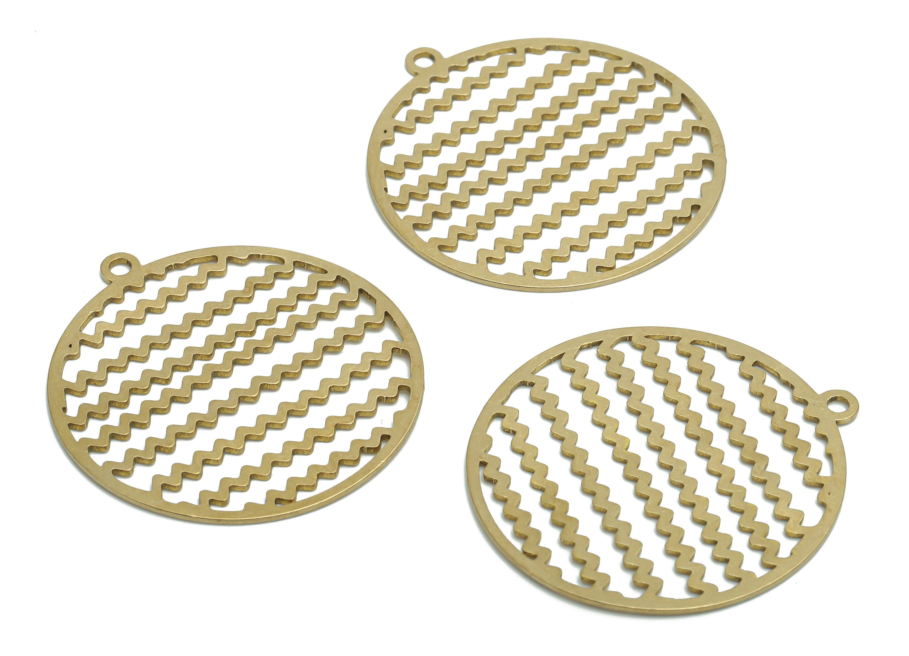 Brass Waves Round Earring Charms - Raw Brass Waves Circle Pendant - Jewelry Making Supplies - 35.64x33.02x0.7mm - PPA2244 - DOMEDBAZAAR