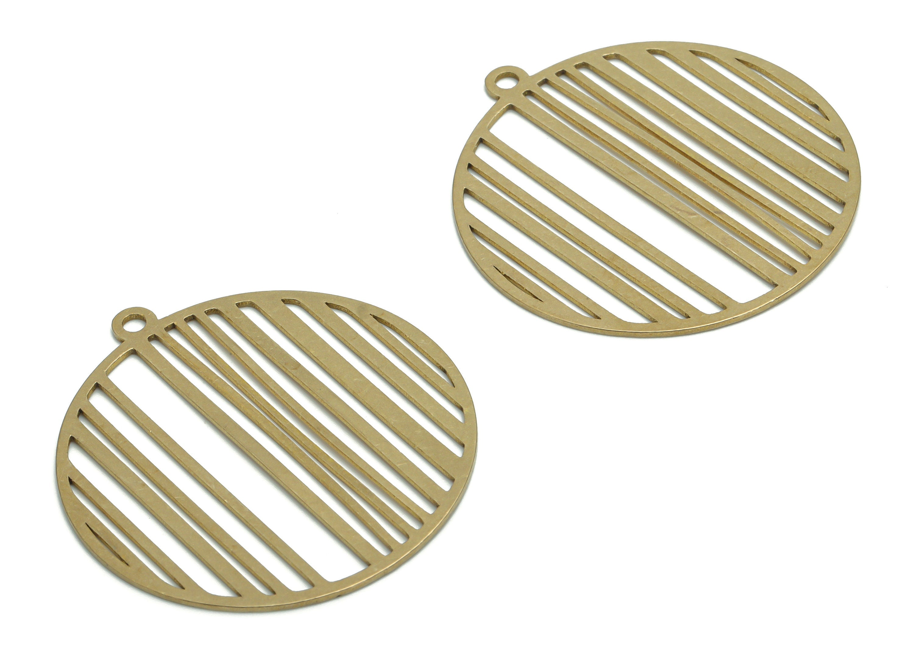 Brass Stripe Round Earring Charms - Raw Brass Circle Stripe Pendant - Jewelry Making Supplies - 35.8x32.89x0.63mm - PPA2240 - DOMEDBAZAAR