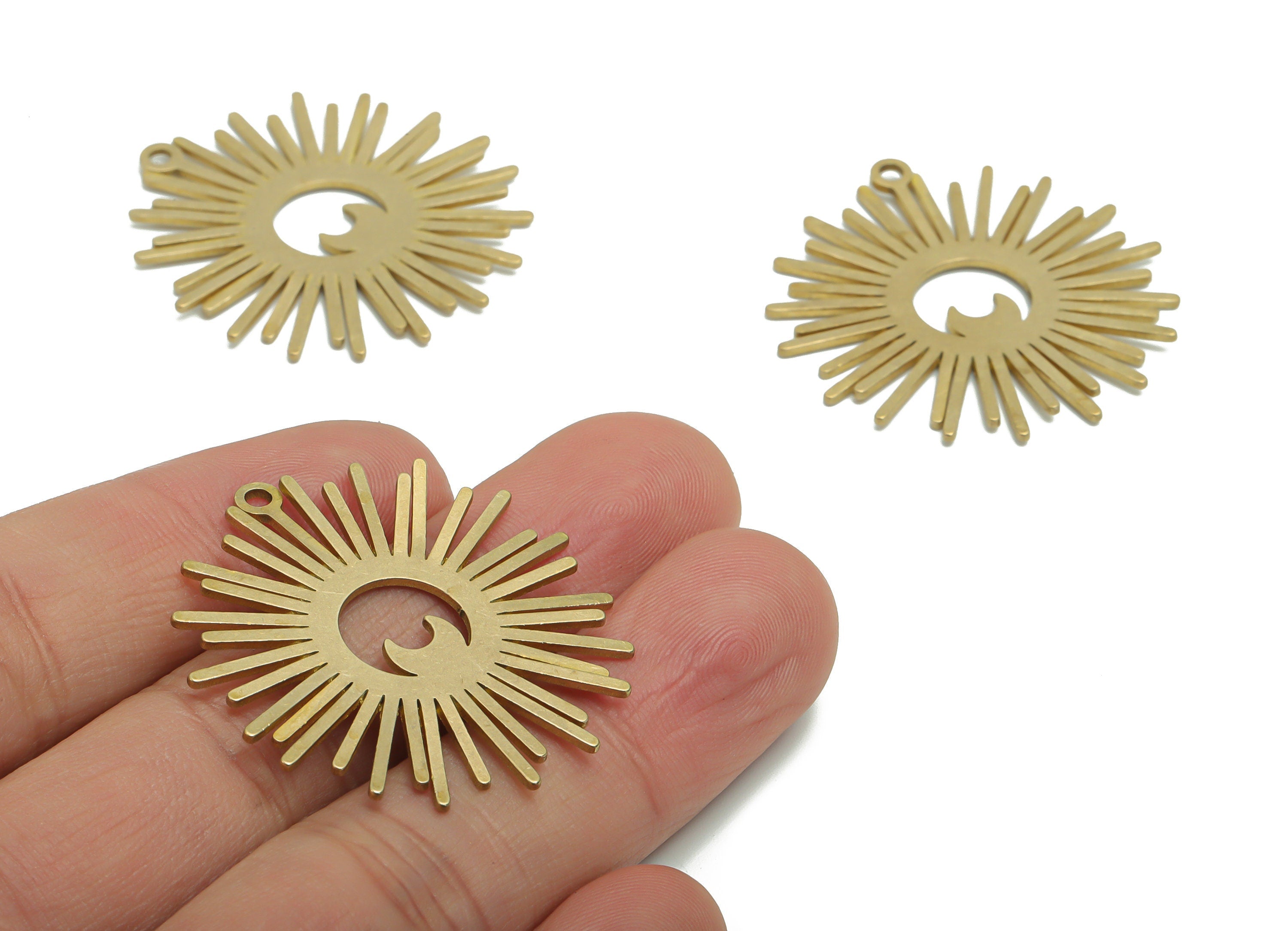 Brass Crescent Sun Earring Charms - Raw Brass Moon Sun Pendant - Jewellery Making Supplies - 37.05x35.35x0.9mm - PPZ0144 - DOMEDBAZAAR