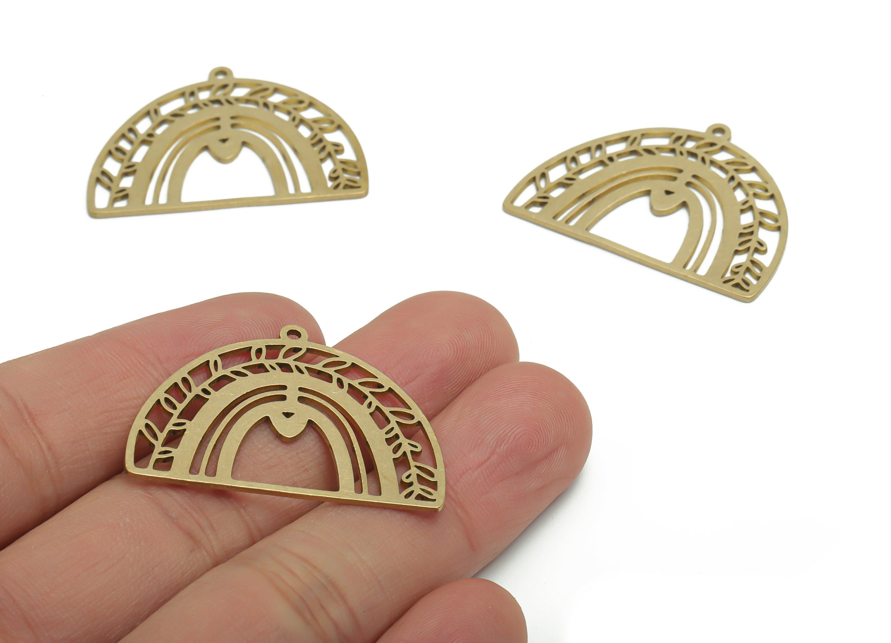 Brass Domed Branch Earring Charms - Raw Brass Rainbow Heart Pendant - Jewelry Making Supplies - 35.78x26.69x0.86mm - PPA1300 - DOMEDBAZAAR