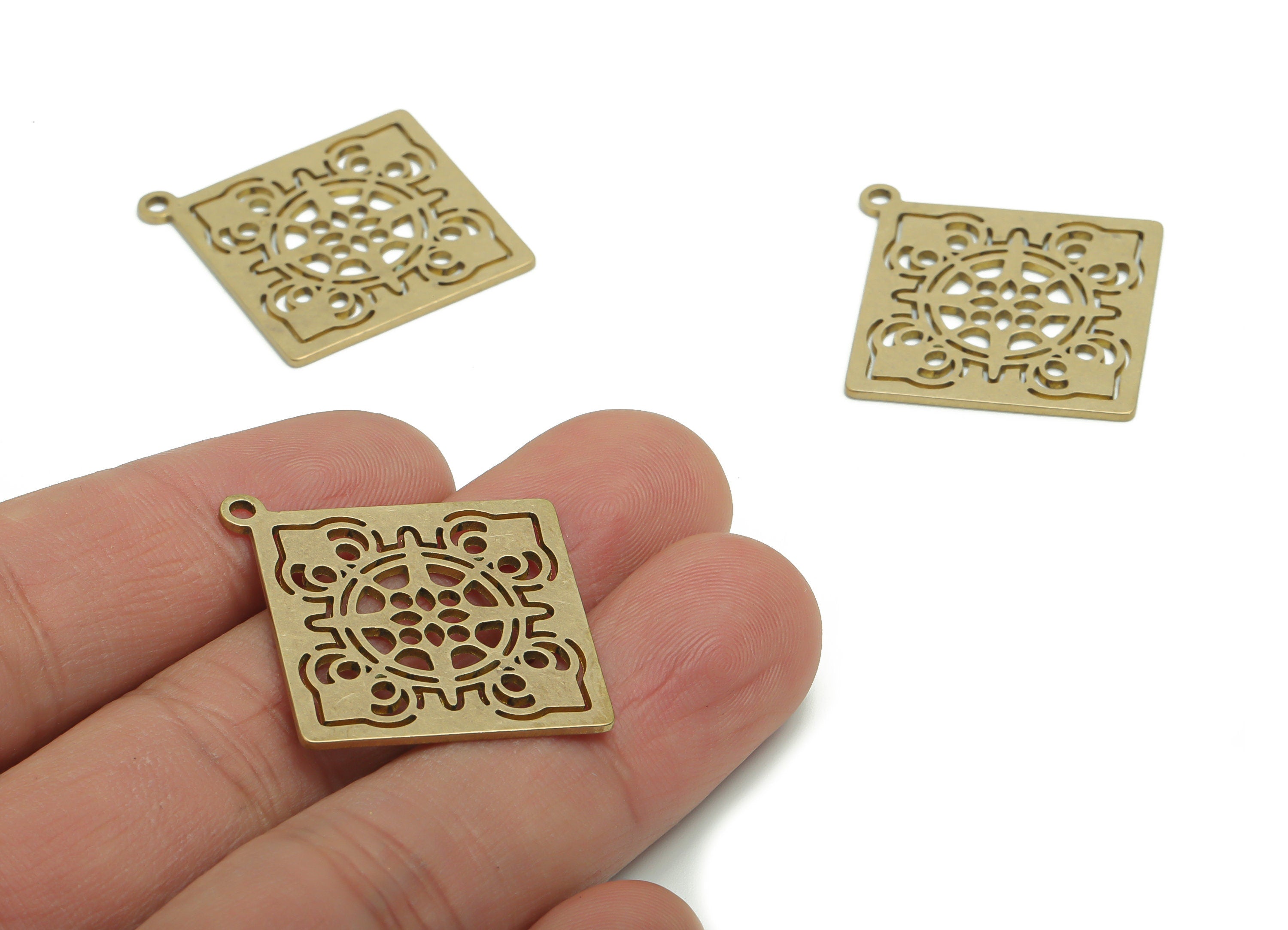 Brass Square Pattern Earring Charms - Raw Brass Pattern Square Pendant - DIY Jewelry Making Supplies - 35.86x32.59x0.87mm - PPA2232 - DOMEDBAZAAR