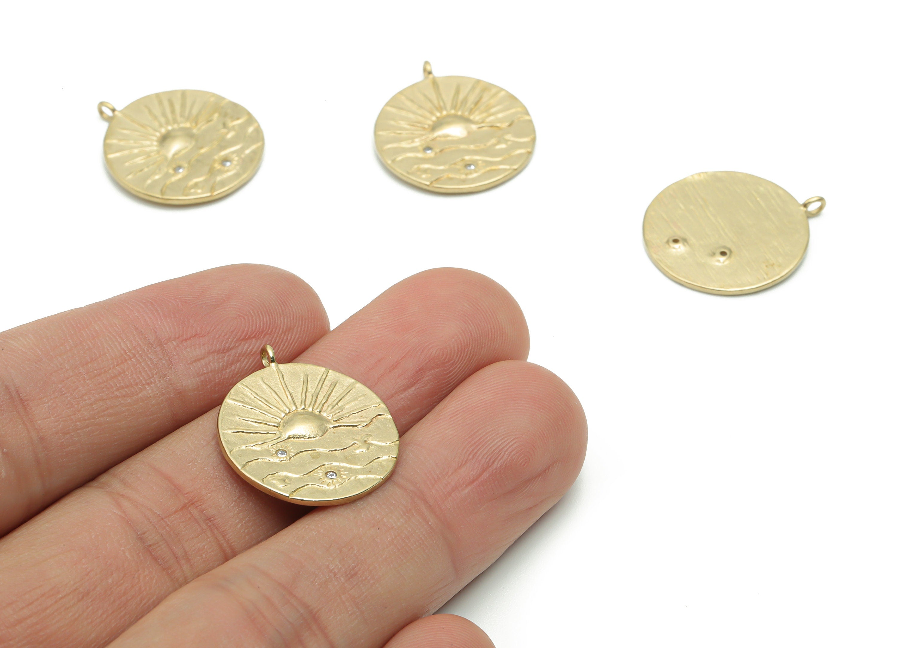 Brass Texture Round Sea Sparkle Earring Charms With Zircons - Raw Brass Sun Waves Pendant - Jewelry Supplies - 22.21x19.26x1.32mm - PP5044 - DOMEDBAZAAR