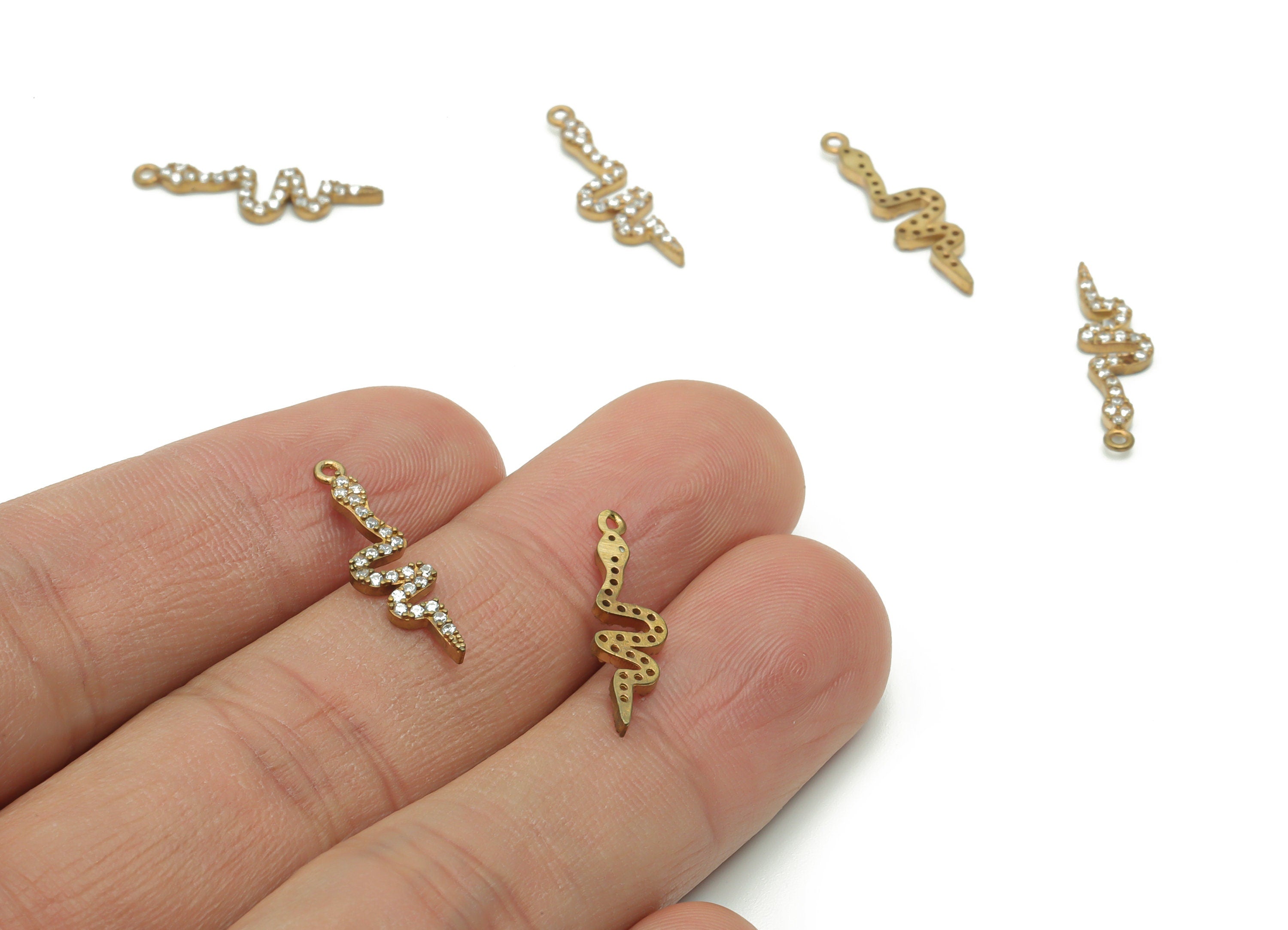 Brass Mini Snake Earring Charms With Zircons - Raw Brass Mini Snake Pendant - Jewelry Making Supplies - 20.5x5.47x1.42mm - PP4985 - DOMEDBAZAAR