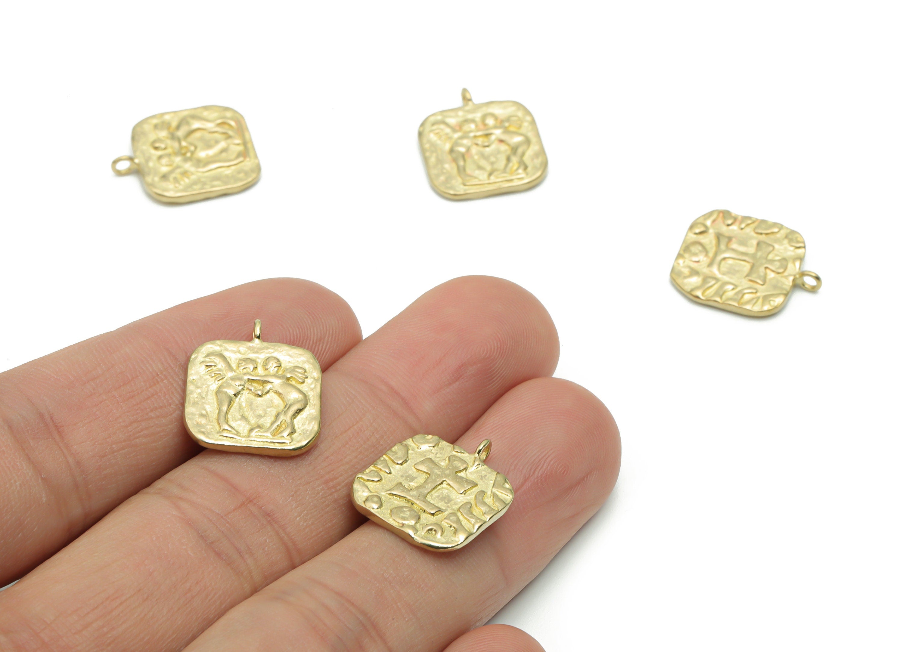 Brass Hammered Angel Hug Earring Charms - Raw Brass Square Compass Angels Pendant - Jewelry Making Supplies - 17.48x14.55x2.03mm - PP5030 - DOMEDBAZAAR
