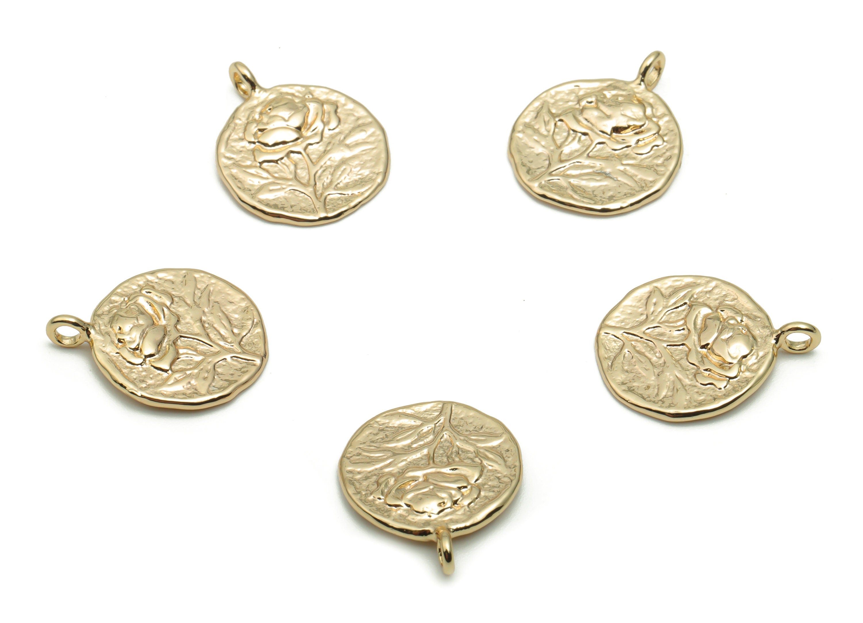 Brass Hammered Round Rose Flower Earring Charms - Gold Circle Flower Pendant - 18K Real Gold Plated Brass - 15.57x12.64x1.73mm - RGP4233 - DOMEDBAZAAR