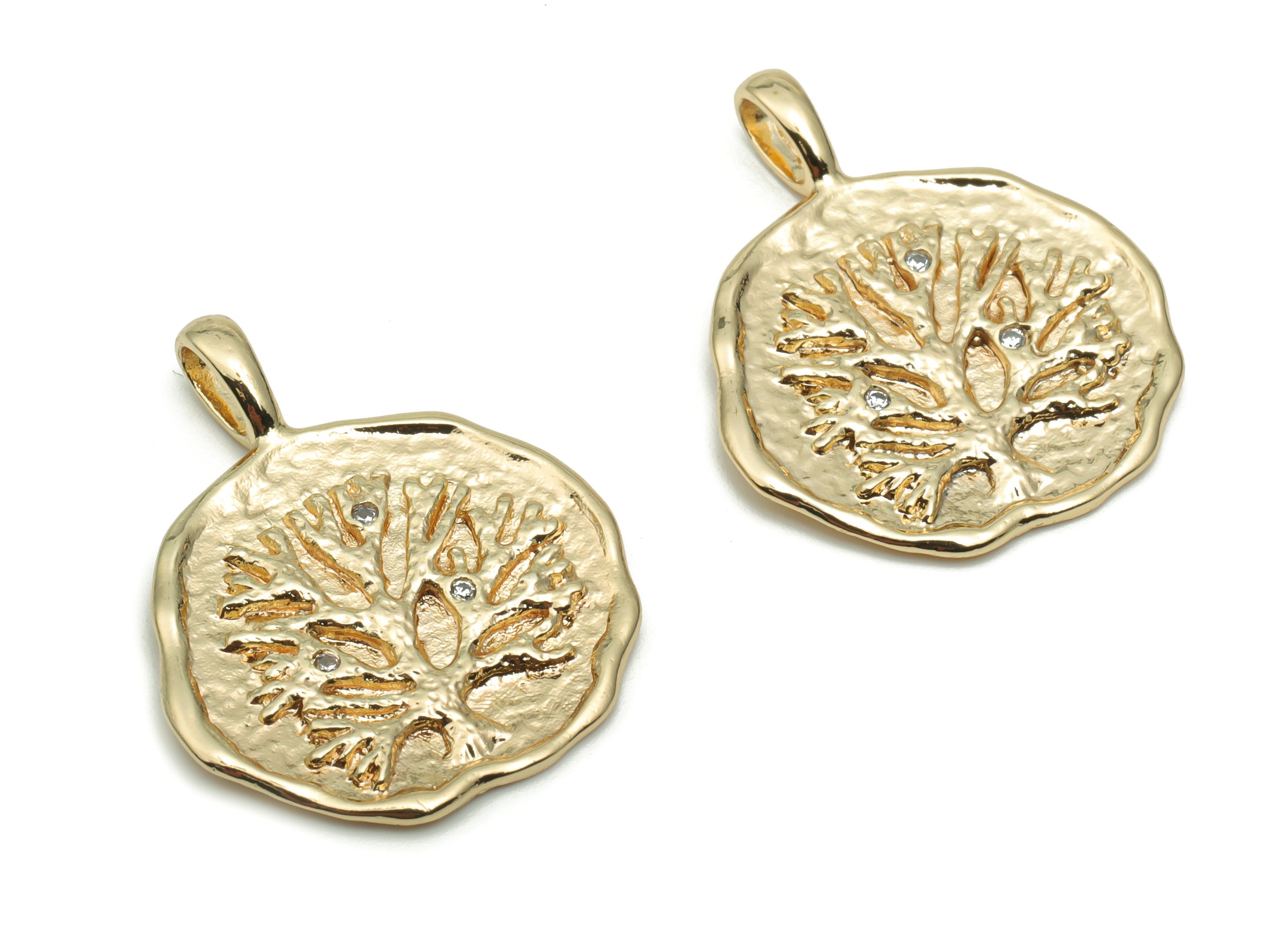 Brass Texture Tree Root Earring Charms With Zircons - Gold Round Tree Root Pendant - 18K Real Gold Plated Brass - 26.55x21.7x1.7mm - RGP4219 - DOMEDBAZAAR