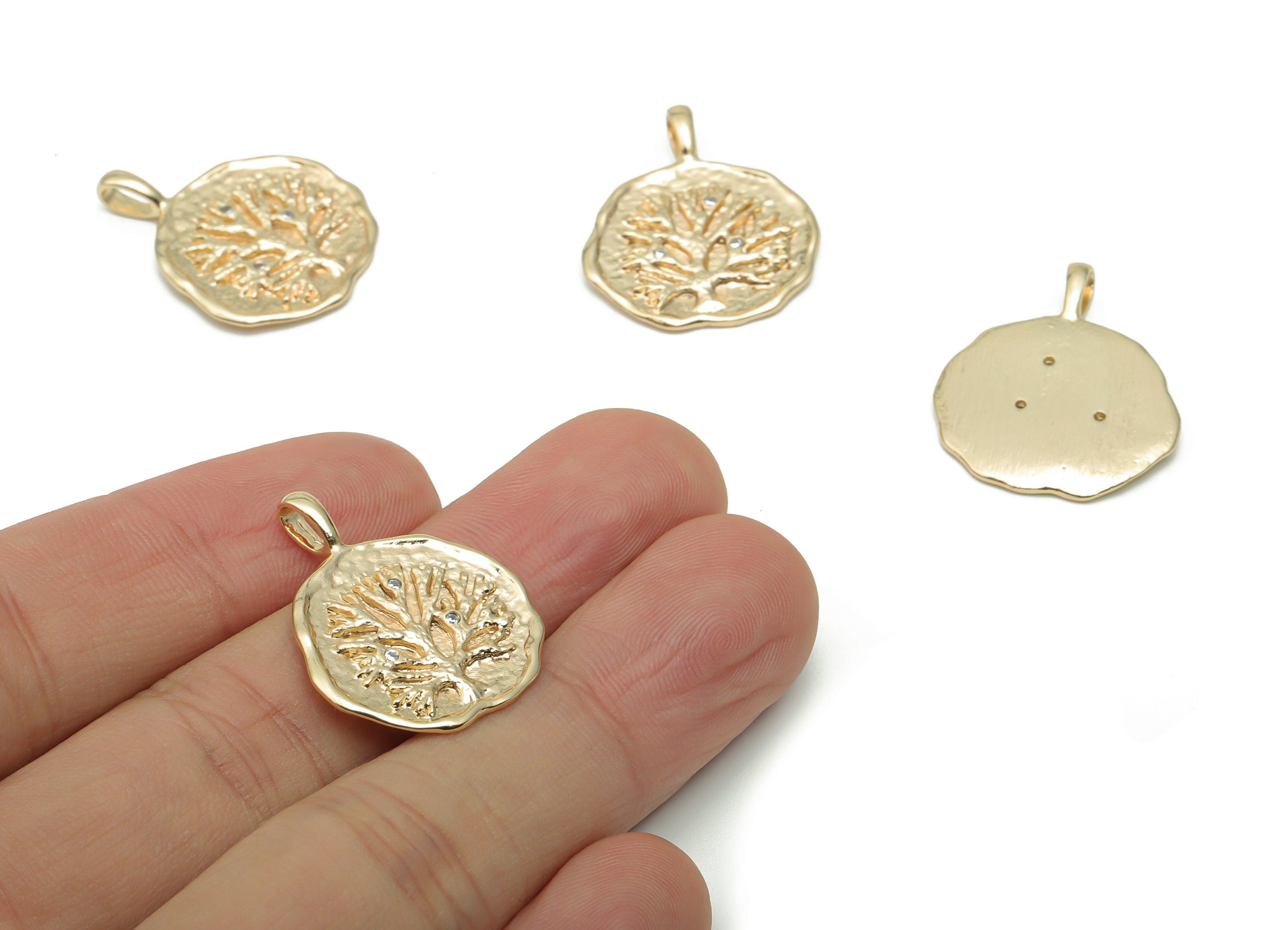 Brass Texture Tree Root Earring Charms With Zircons - Gold Round Tree Root Pendant - 18K Real Gold Plated Brass - 26.55x21.7x1.7mm - RGP4219 - DOMEDBAZAAR