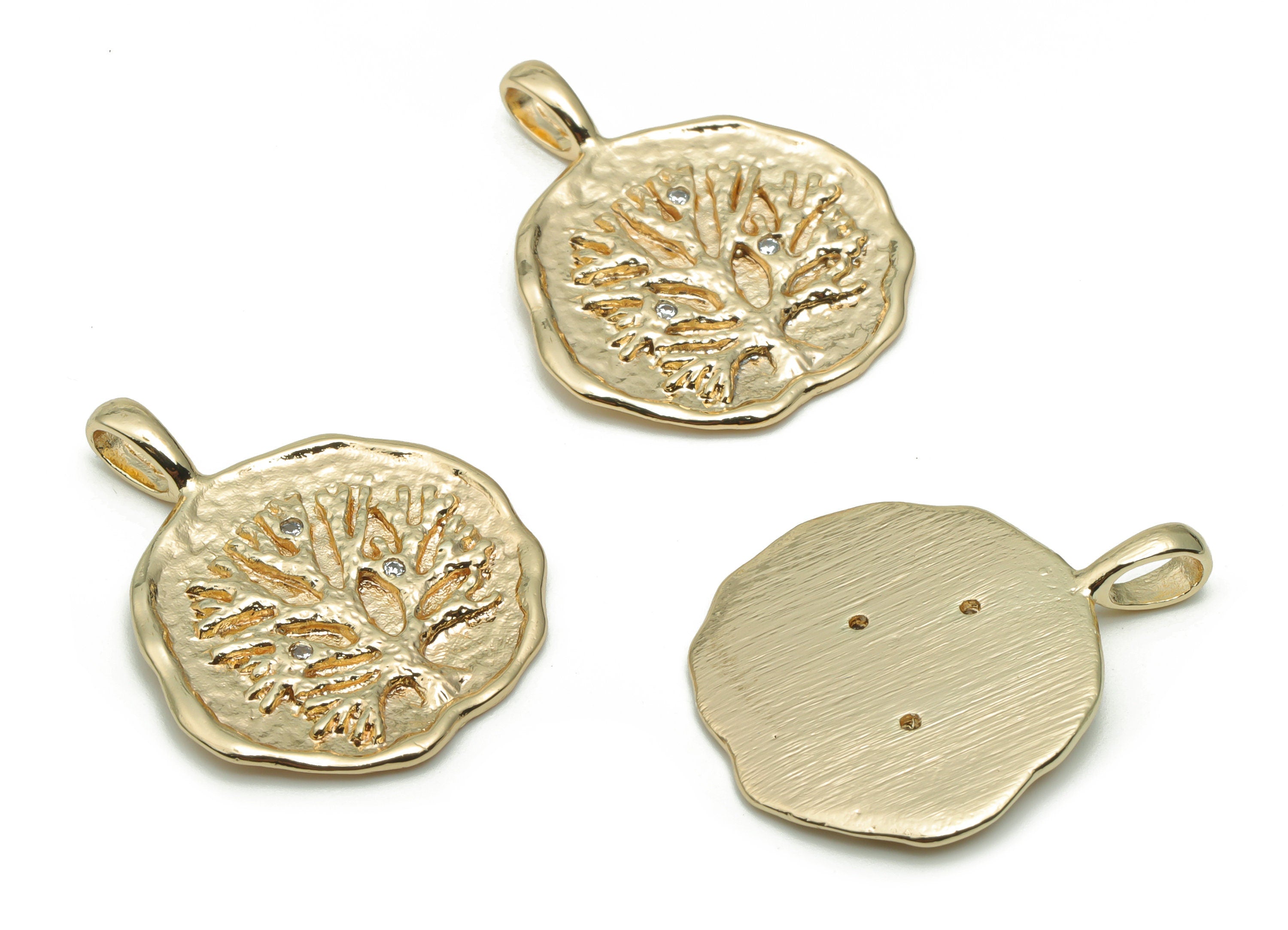 Brass Texture Tree Root Earring Charms With Zircons - Gold Round Tree Root Pendant - 18K Real Gold Plated Brass - 26.55x21.7x1.7mm - RGP4219 - DOMEDBAZAAR