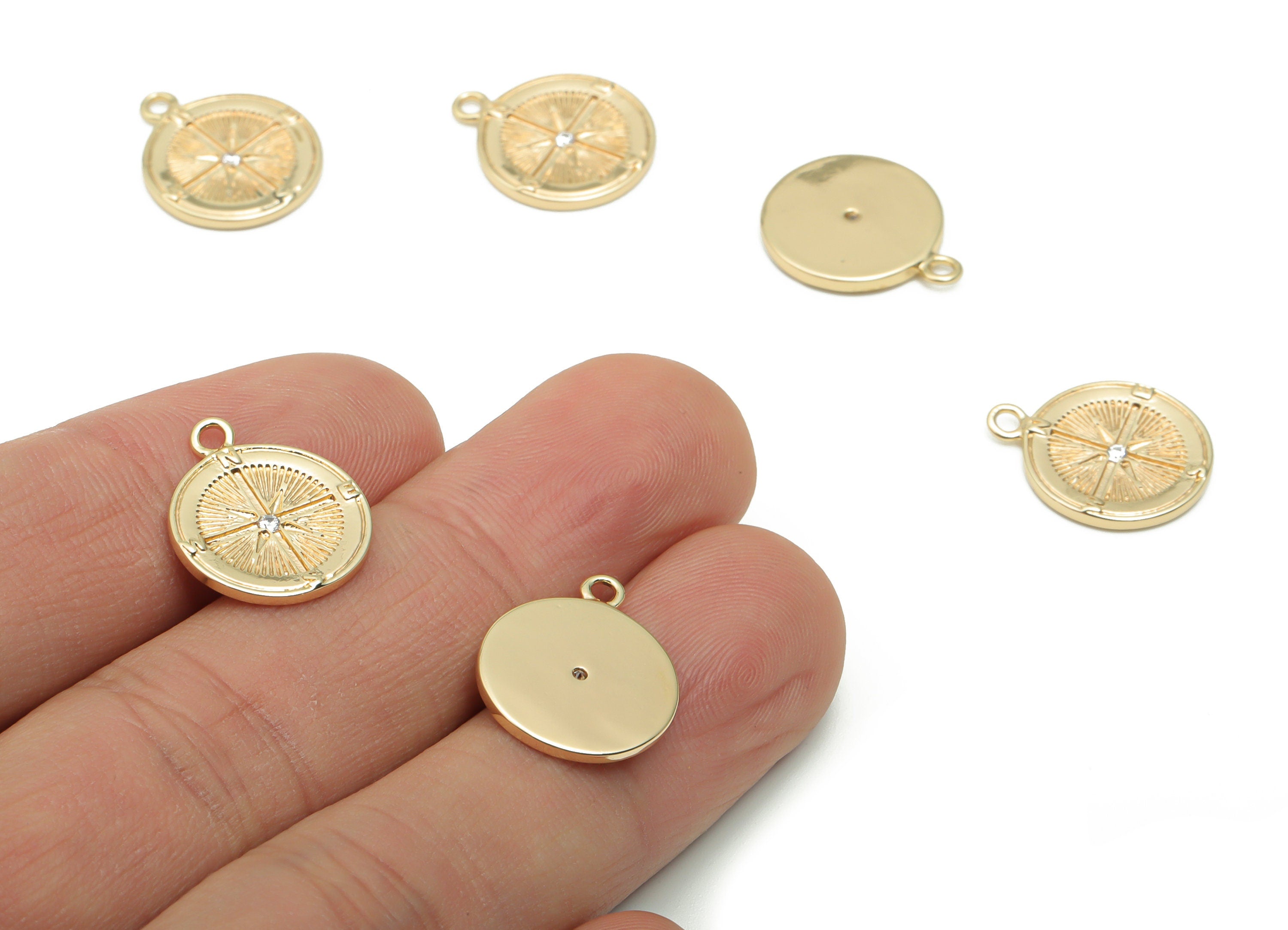Brass Compass Earring Charms With Zircons - Gold Round Planet Pendant - 18K Real Gold Plated Brass - 16.75x1.92x1.67mm - RGP4230 - DOMEDBAZAAR